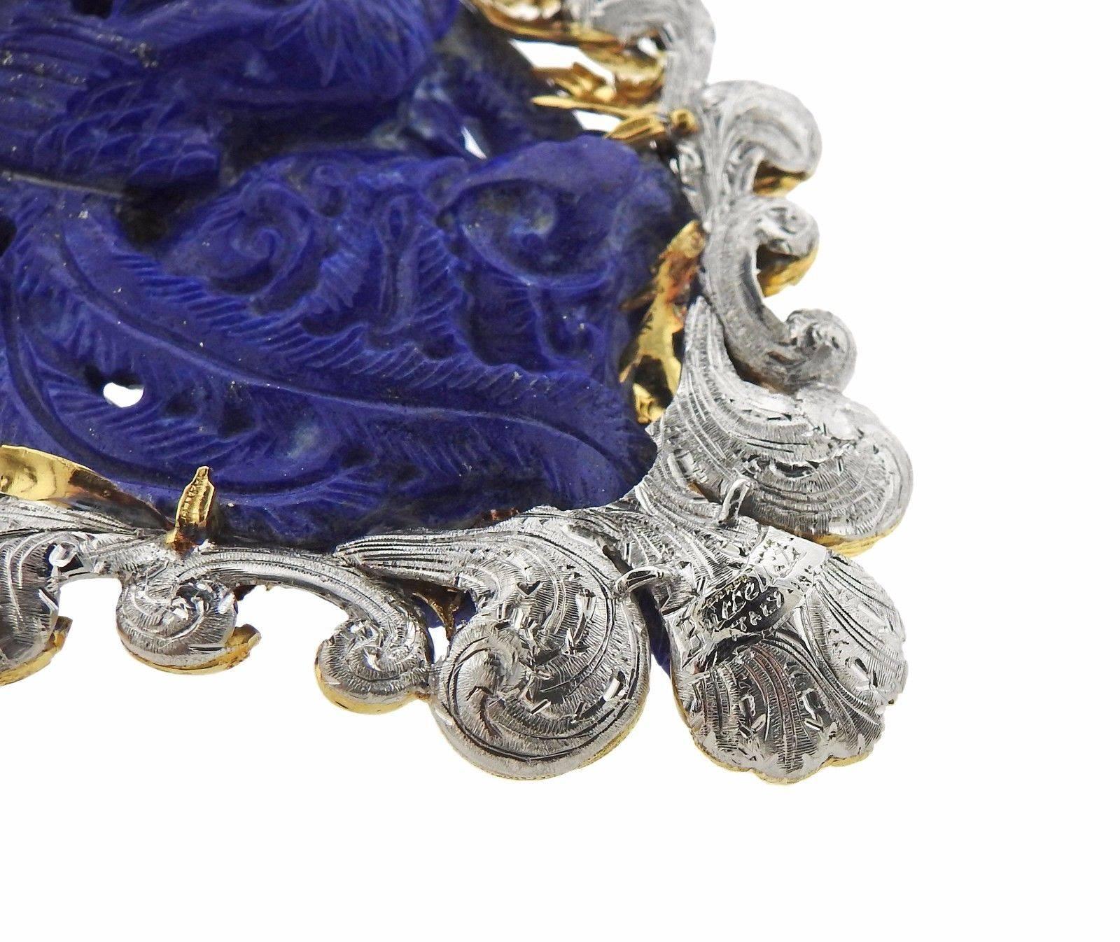 Impressive Buccellati Gold Carved Lapis Brooch Pin In Excellent Condition For Sale In Lambertville, NJ