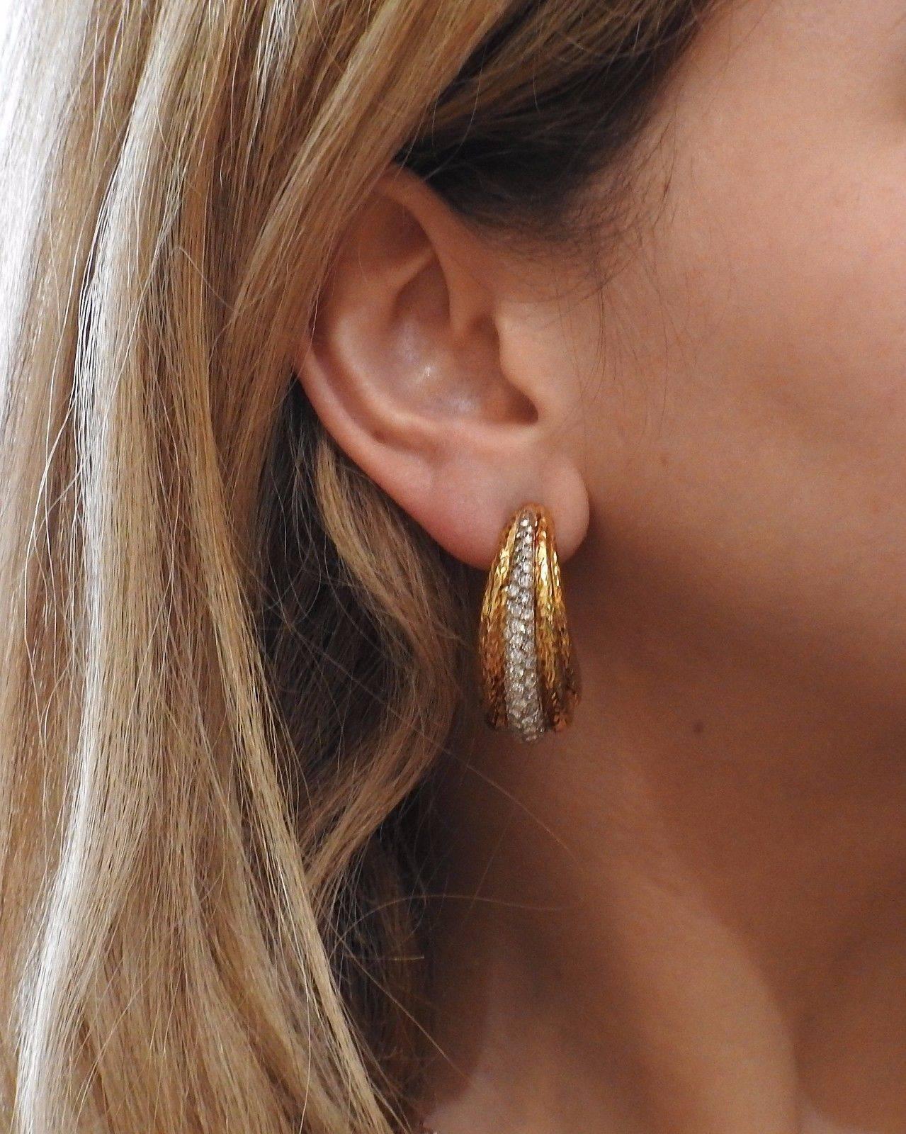 Women's 1970s Diamond Hammered Gold Large Hoop Earrings