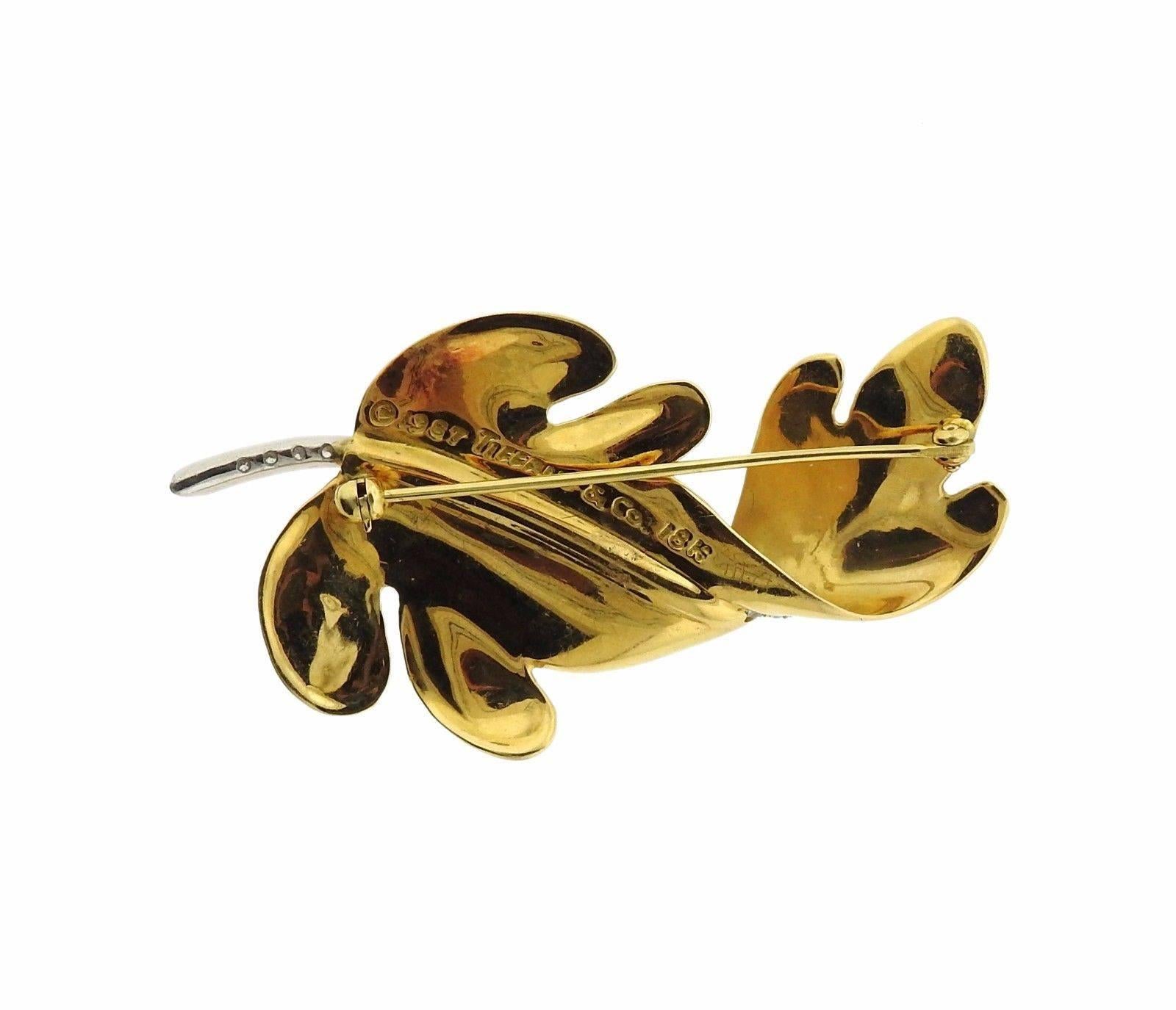1980s Tiffany & Co. Diamond Gold Leaf Brooch Pin In Excellent Condition In Lambertville, NJ