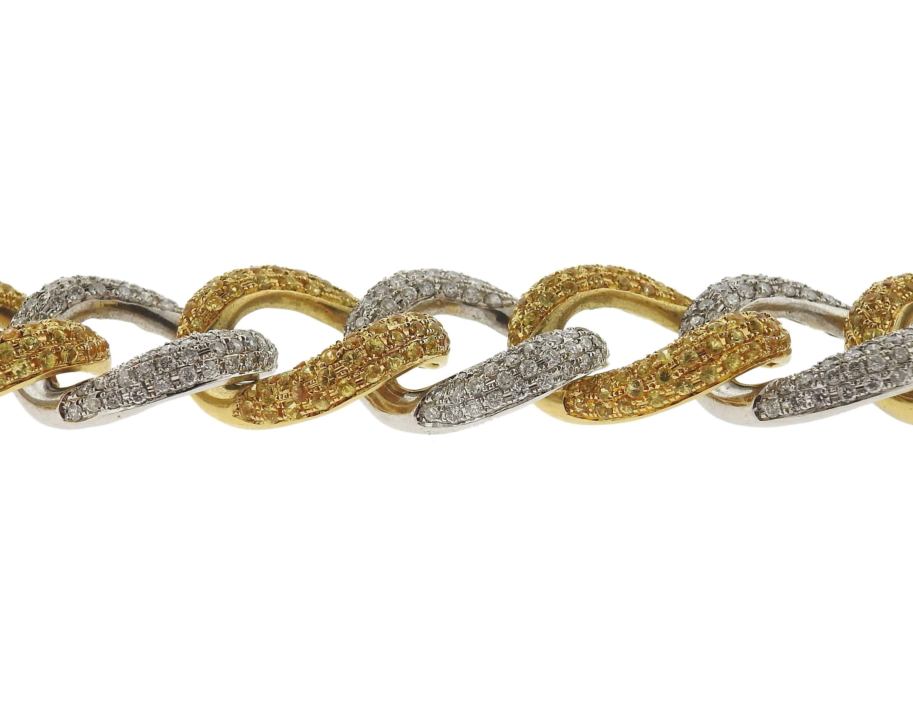 Modern Sapphire Diamond Gold Link Bracelet In Excellent Condition For Sale In Lambertville, NJ