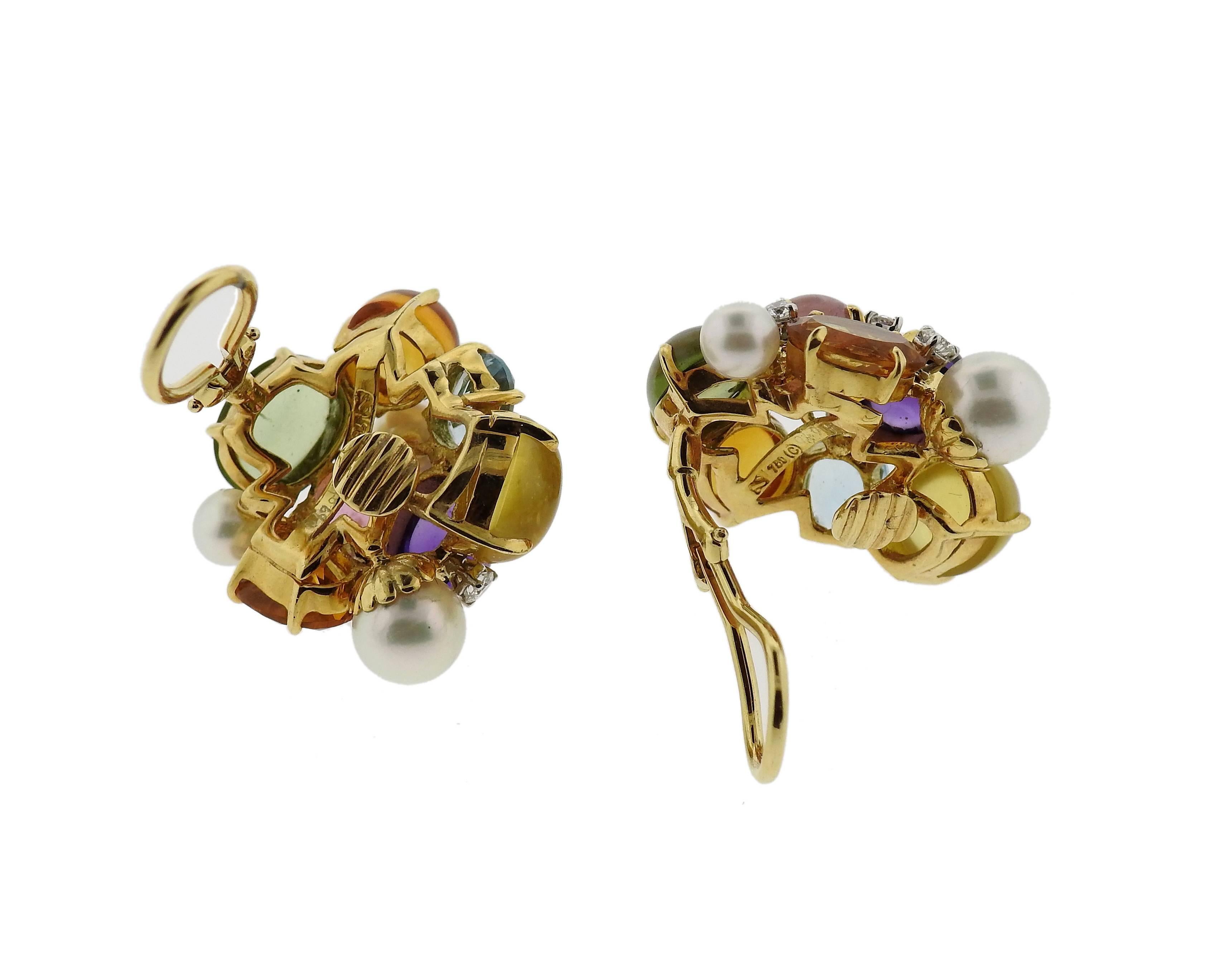 A pair of large 18k yellow gold earrings, crafted by Seaman Schepps, decorated with multi color gemstones and diamonds - Diamonds 0.72ctw, Pearls, Amethysts 5.72ctw, Aquamarines 2.36ctw, Citrines 8.12ctw, Green Tourmalines 6.30ctw, Pink Tourmalines