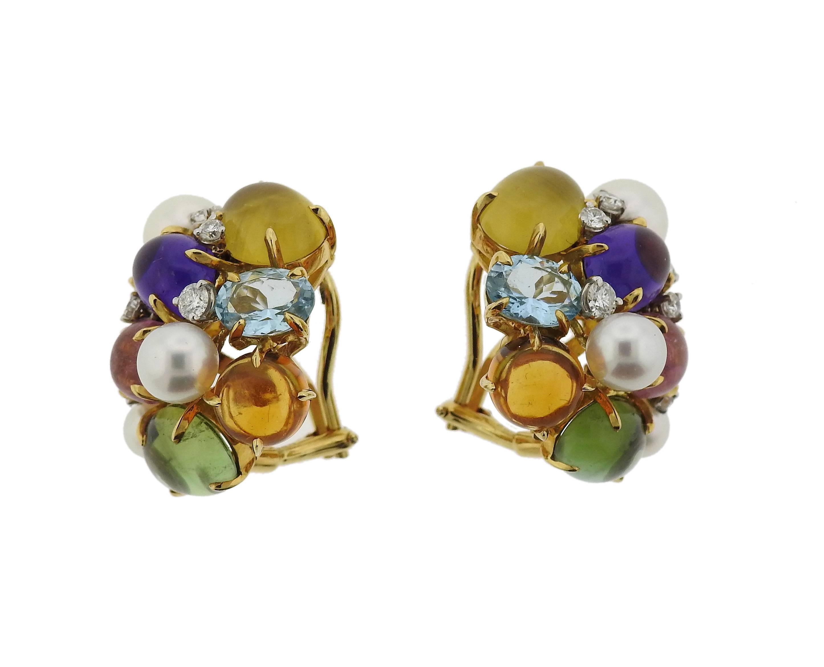 Seaman Schepps Multi Color Gemstone Diamond Pearl Gold Large Bubble Earrings In Excellent Condition In Lambertville, NJ