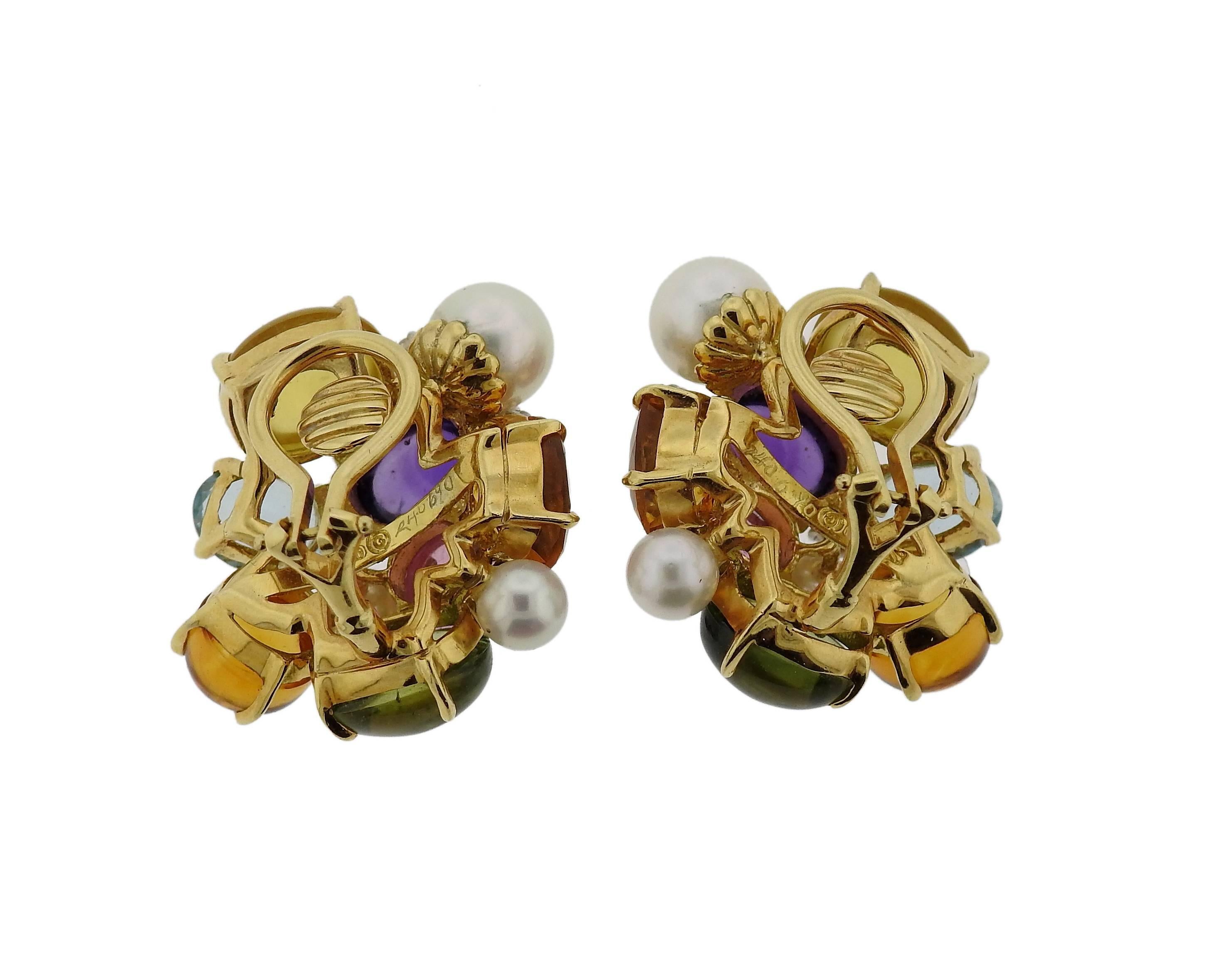 Women's Seaman Schepps Multi Color Gemstone Diamond Pearl Gold Large Bubble Earrings