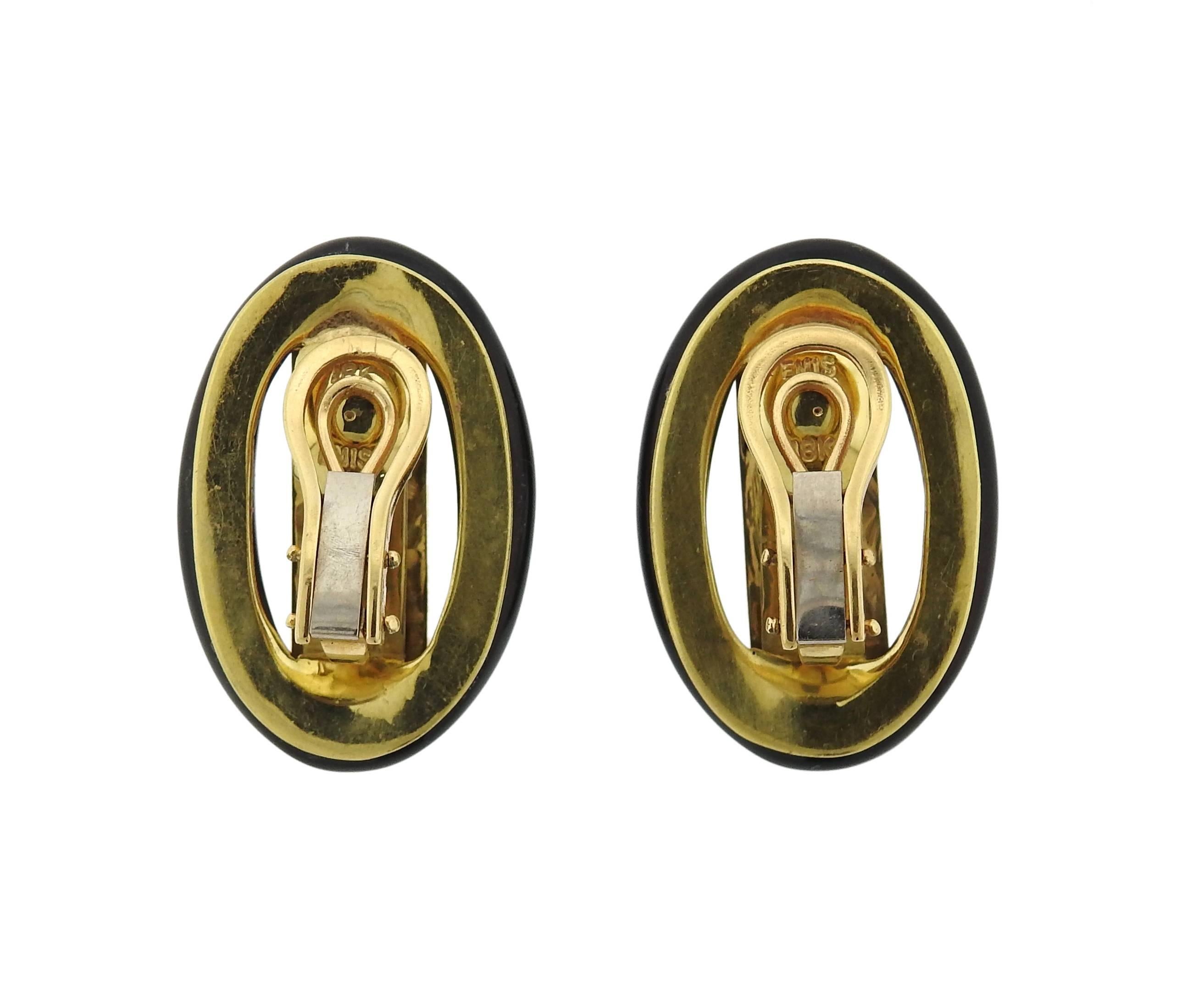 Women's Chic Onyx Diamond Oval Gold Earrings