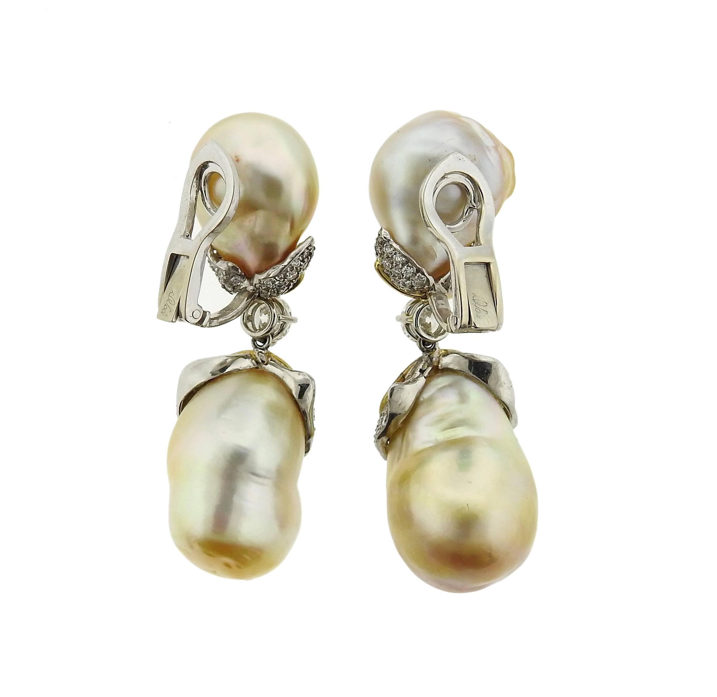Donna Vock Golden White Baroque Pearl Diamond Gold Platinum Earrings In Excellent Condition In Lambertville, NJ