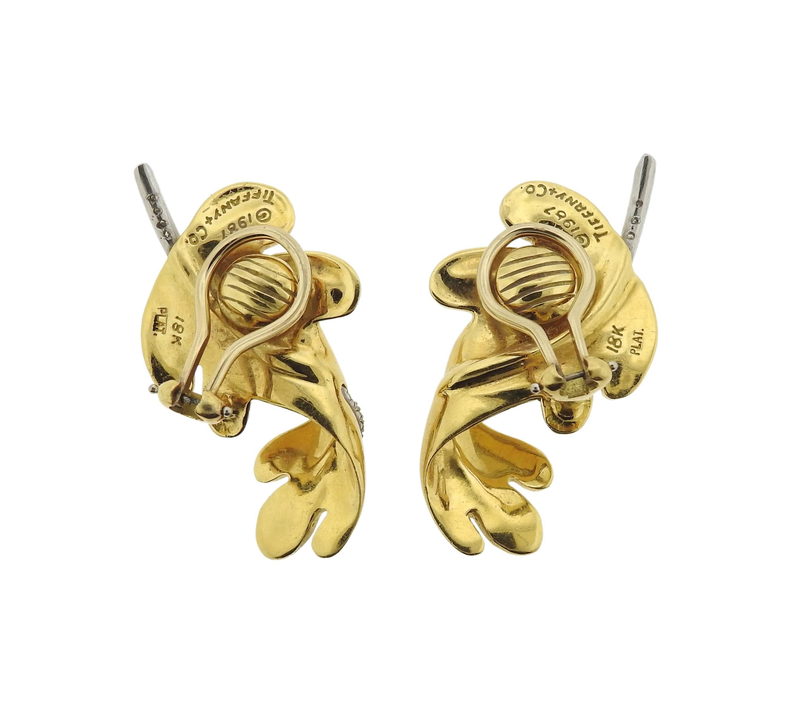 Women's 1980s Tiffany & Co. Diamond Gold Platinum Leaf Earrings