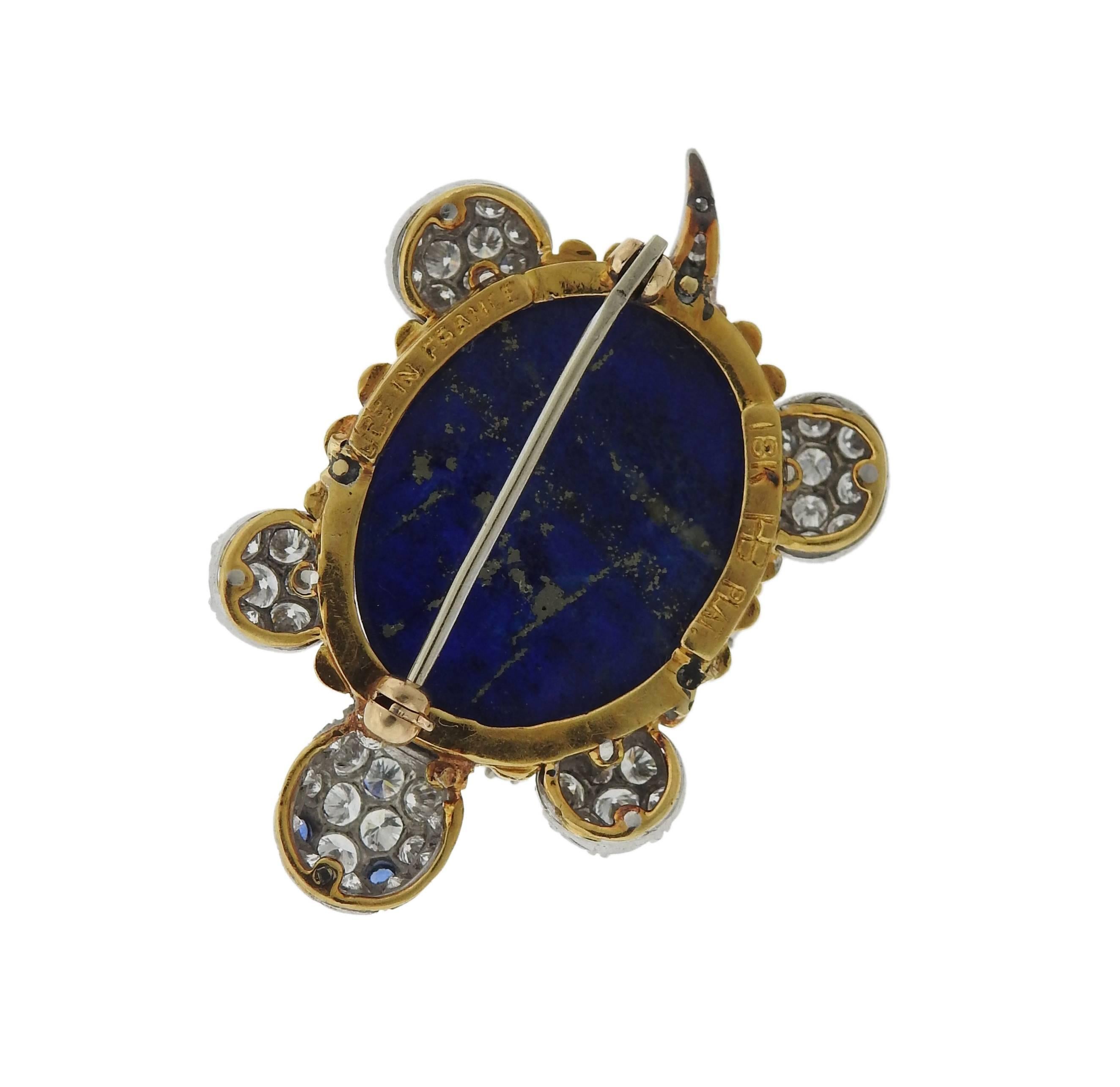 Hammerman Brothers Diamond Lapis-Lazuli Sapphire Turtle Brooch Pin In Excellent Condition In Lambertville, NJ