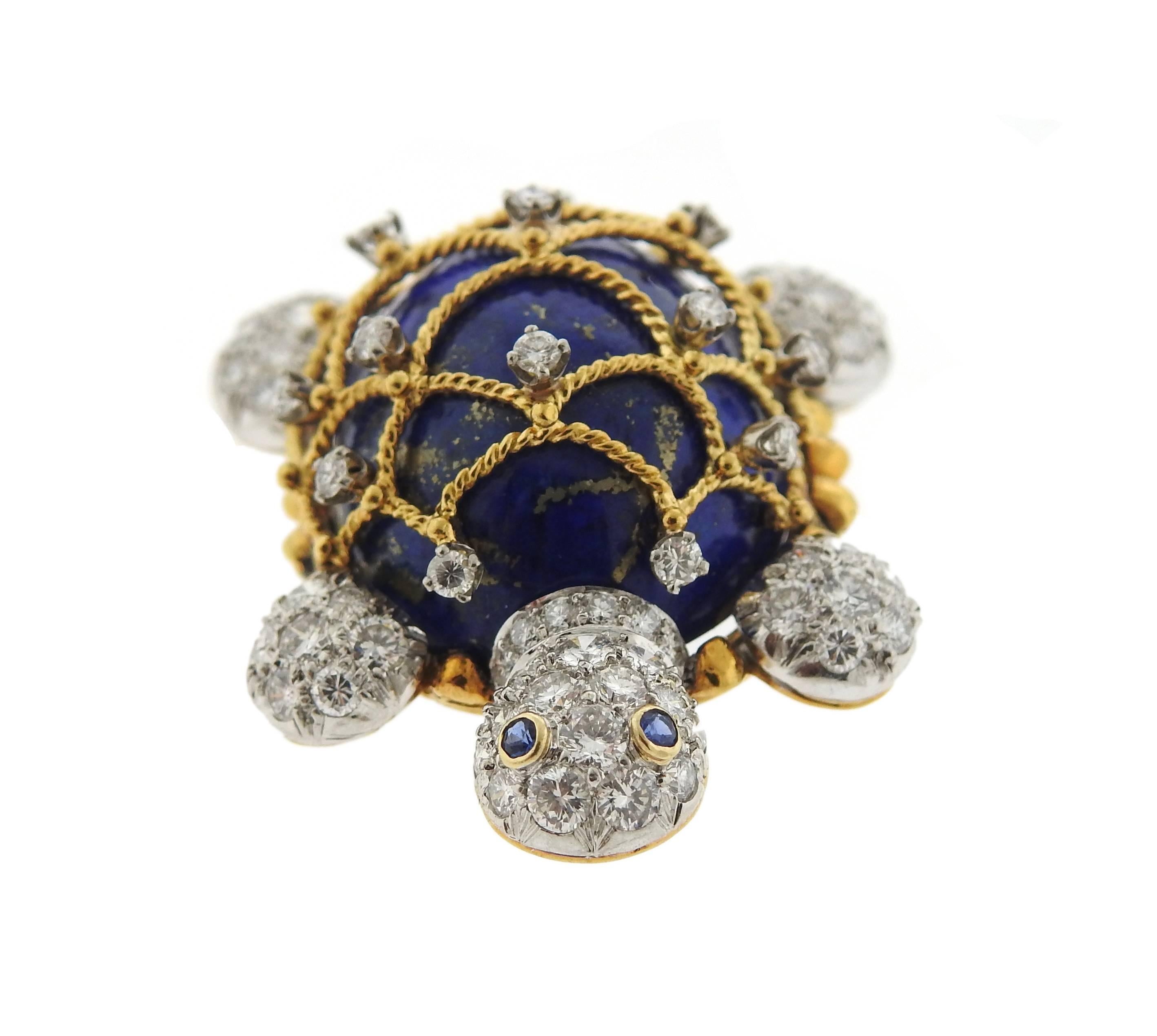 Hammerman Brothers Diamond Lapis-Lazuli Sapphire Turtle Brooch Pin 1