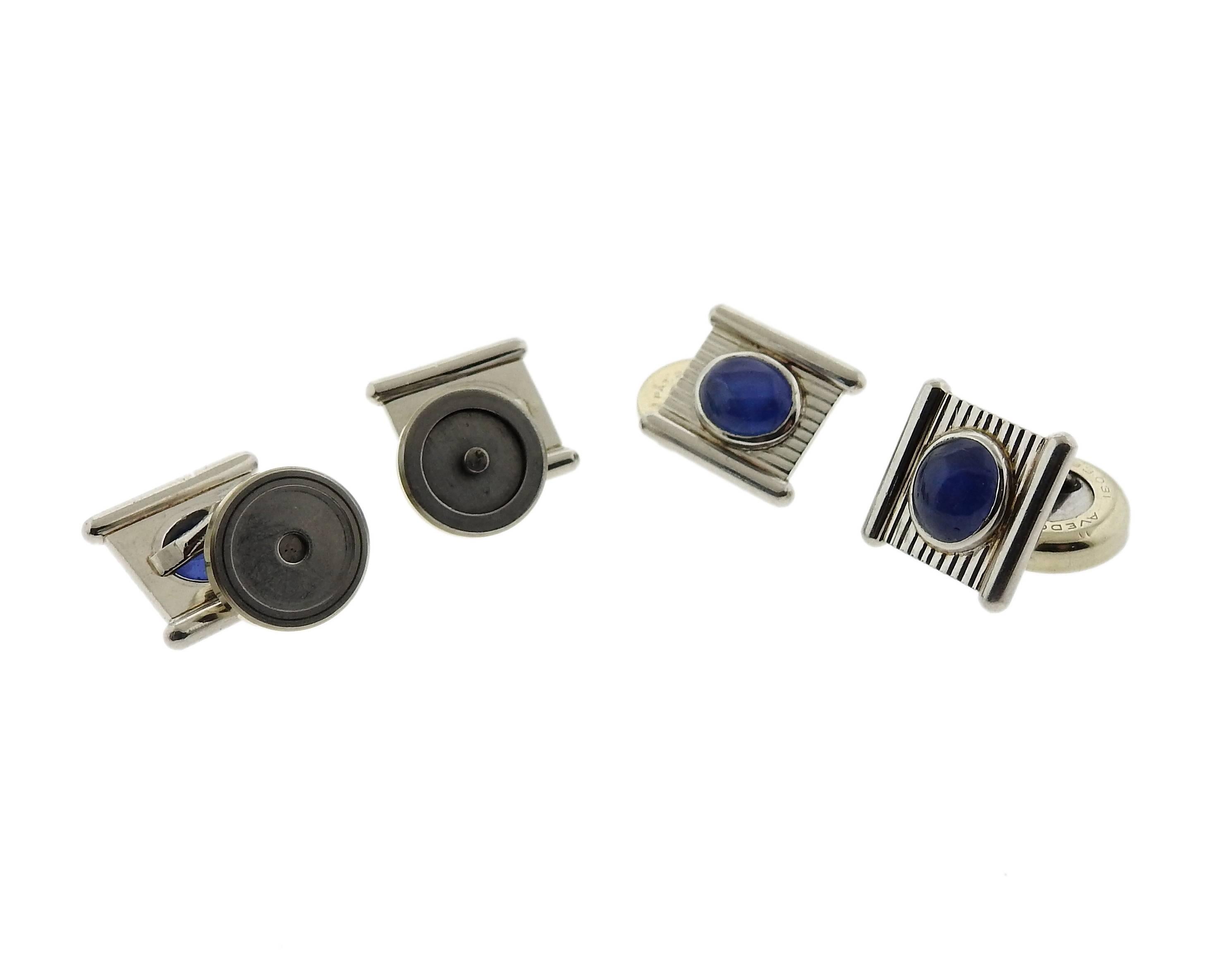 Platinum Mid Century cufflinks and studs set, crafted by Avedon, set with star sapphire cabochons . Cufflink top is 14mm x 15mm, stud top - 10mm x 11mm. Marked: plat. (cufflink middle part with magnet is 14k), Avedon. Weight of the set - 43.1 grams 