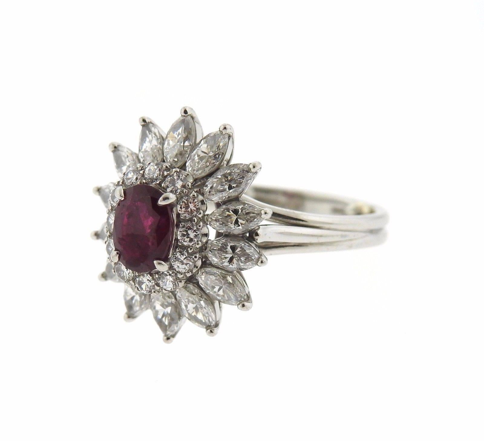 Tiffany & Co. Platinum Natural No Heat Burma Ruby Diamond Cluster Ring In Excellent Condition In Lambertville, NJ