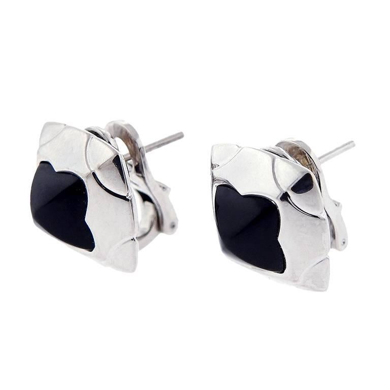 Bulgari Pyramide earrings featuring onyx center set in 18K white gold. Earrings measure 14.7mm X 14.7mm, marked Bvlgari, 750, Made In Italy, 2337AL. Weight is 11.4 grams.
