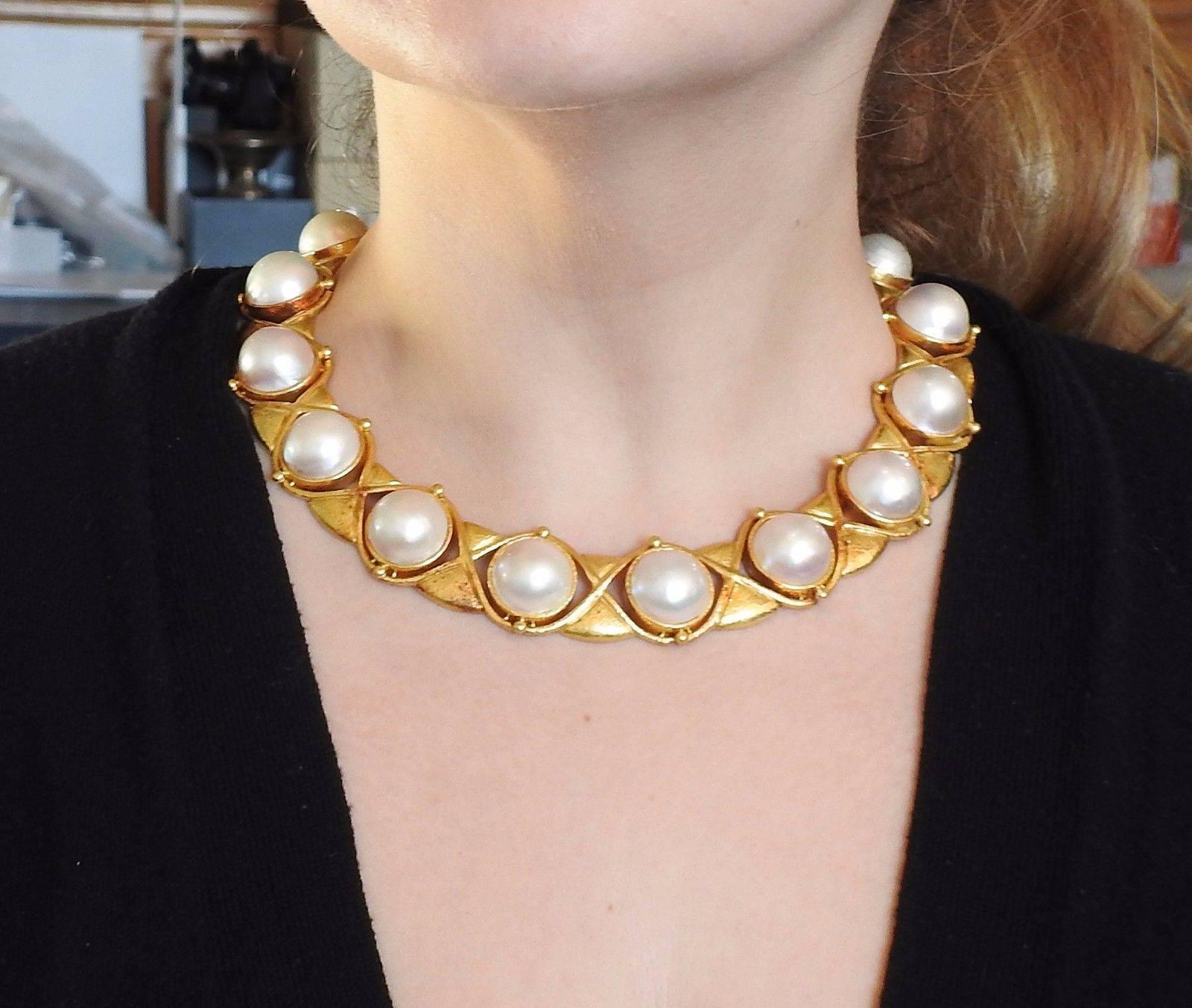 Women's Important Zolotas Greece Pearl Gold Necklace Earrings Set