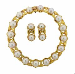 Important Zolotas Greece Pearl Gold Necklace Earrings Set