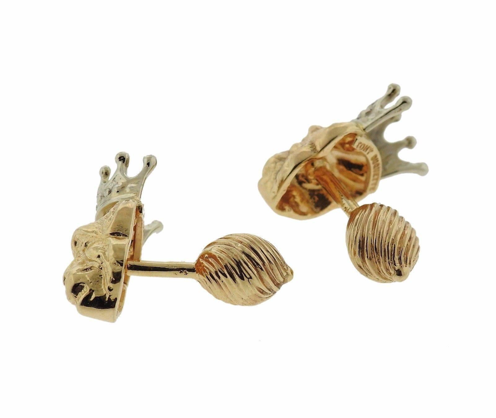 A pair of 14k gold monkey cufflinks by Tony Duquette.  The cufflinks measure 22mm x 13mm and weigh 21.7 grams.  Marked: Tony Duquette.