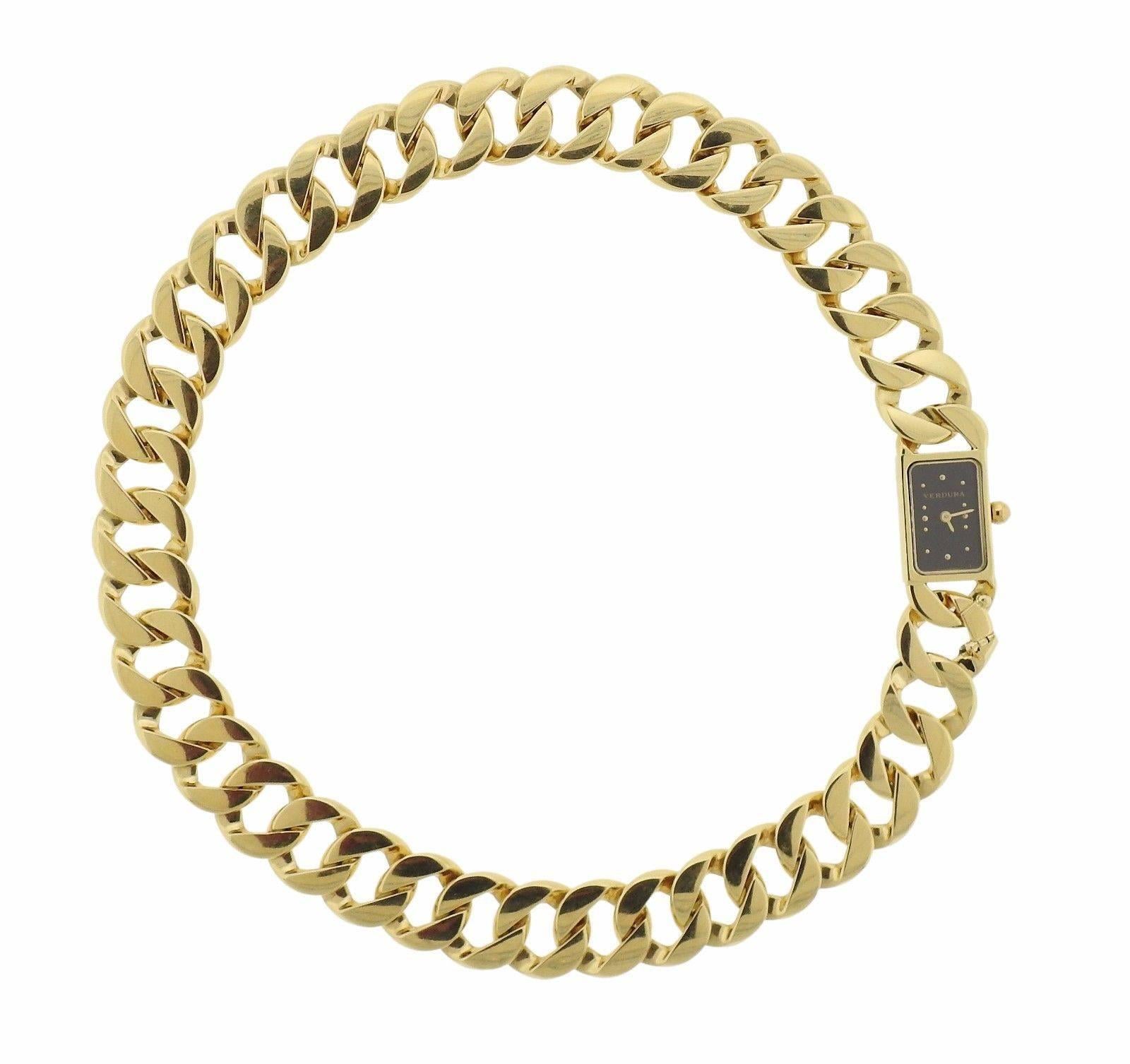 An 18k yellow gold watch bracelet by Verdura.  The bracelet is 15" long, watch case is 13mm x 20mm.  The links are 15mm wide.  The weight of the piece is 100 grams.  Marked: Verdura, 750.