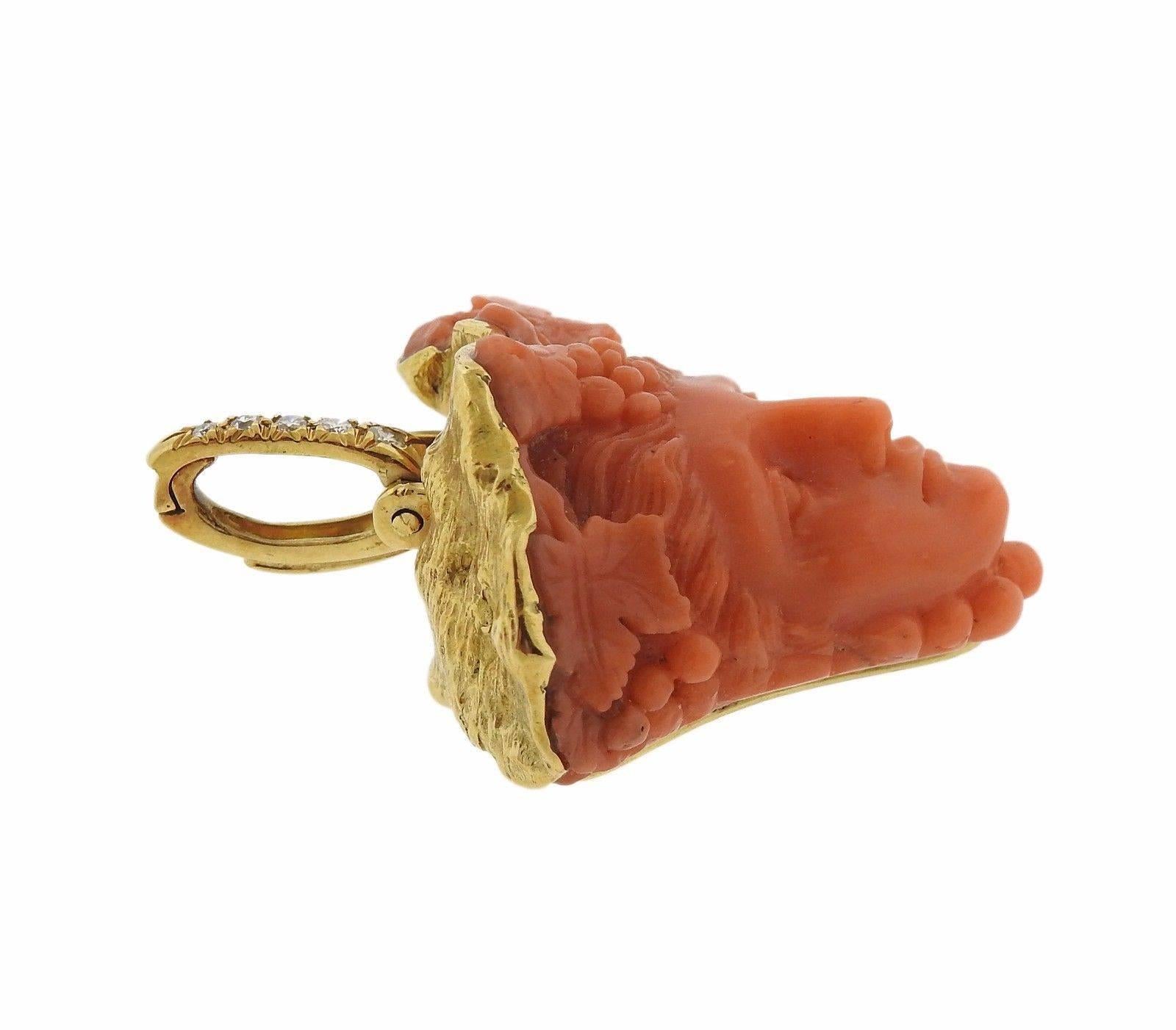 Andrew Clunn Carved Coral Diamond Gold Bacchus Pendant In Excellent Condition In Lambertville, NJ