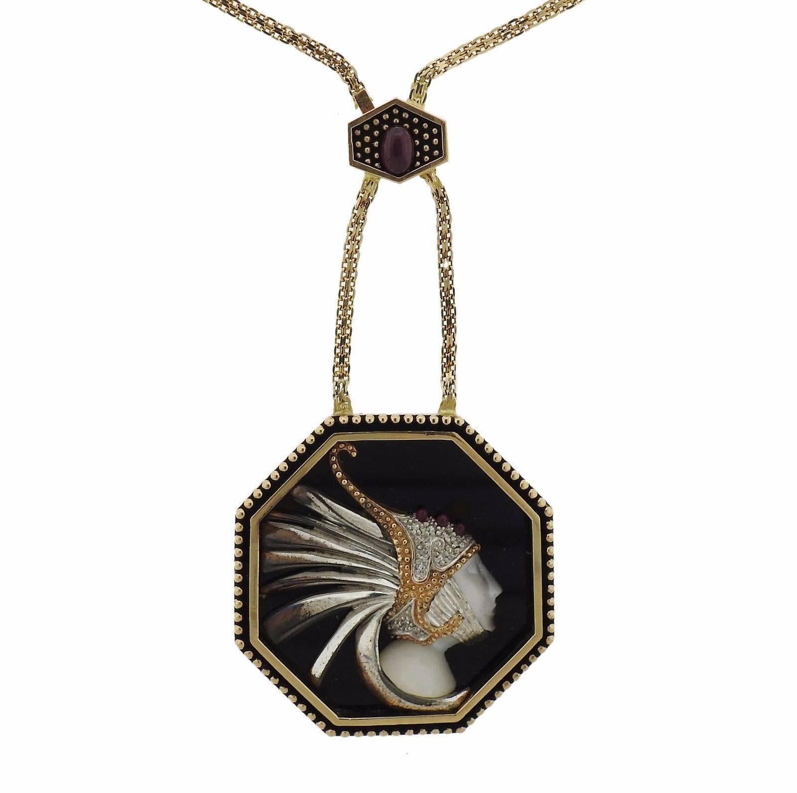 Women's Erte Gold Sterling Mother-of-Pearl Diamond Ruby Onyx Pendant Necklace