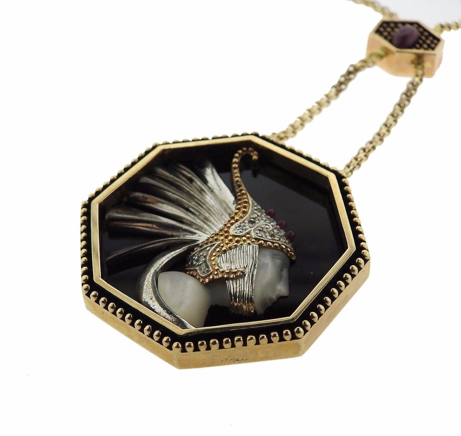 Erte Gold Sterling Mother-of-Pearl Diamond Ruby Onyx Pendant Necklace In Excellent Condition In Lambertville, NJ