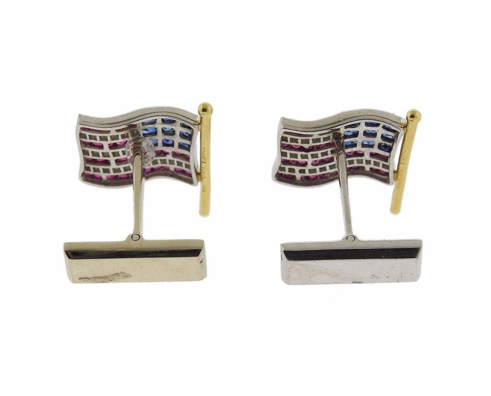 Platinum Gold Diamond Ruby Sapphire American Flag Cufflinks In Excellent Condition In Lambertville, NJ