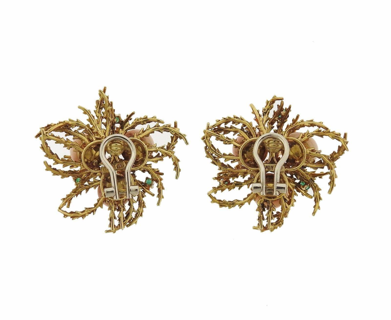 A pair of 18k yellow gold earrings set with coral emeralds and approximately 0.08ctw of H/VS-SI diamonds.  The earrings measure 35mm x 35mm and weigh 28.2 grams.  Marked: 18k, Italy.