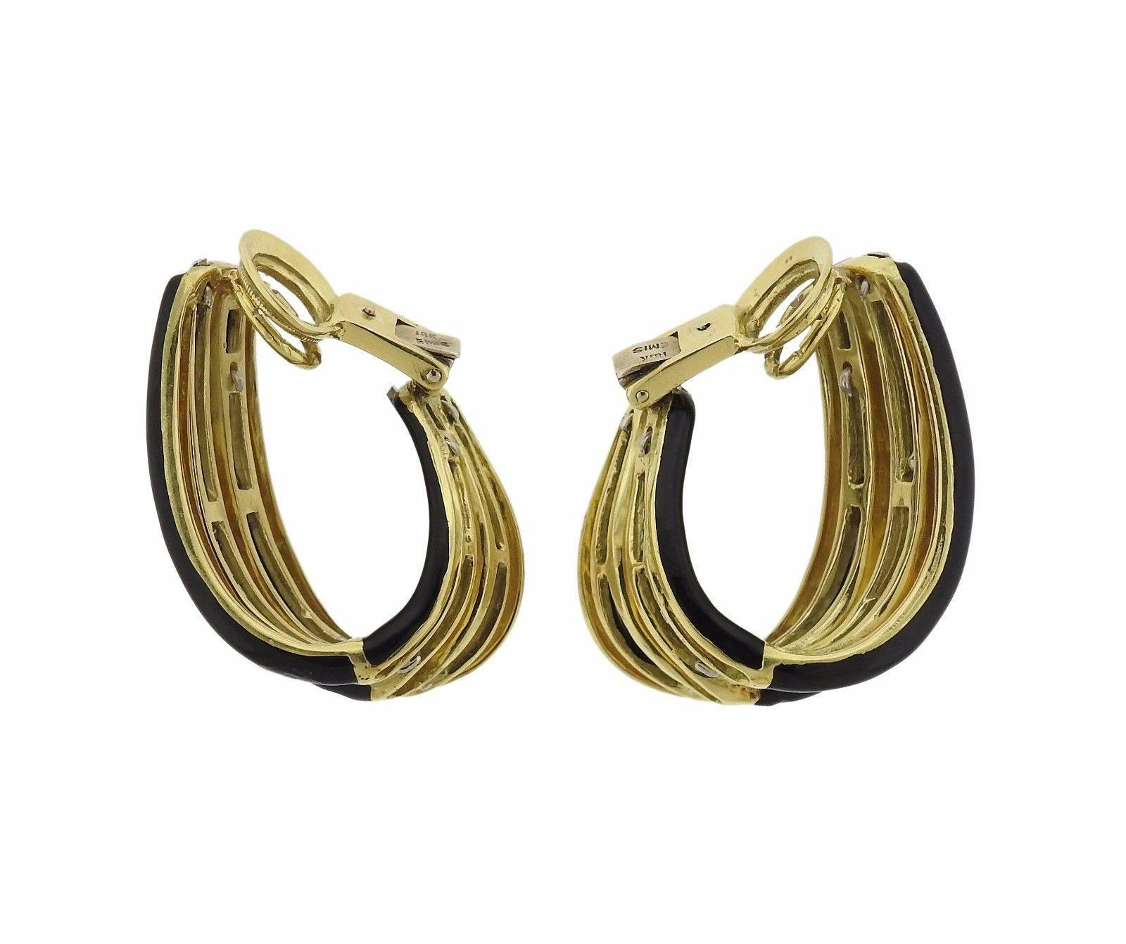 1980s Emis Gold Enamel Diamond Hoop Earrings In Excellent Condition In Lambertville, NJ