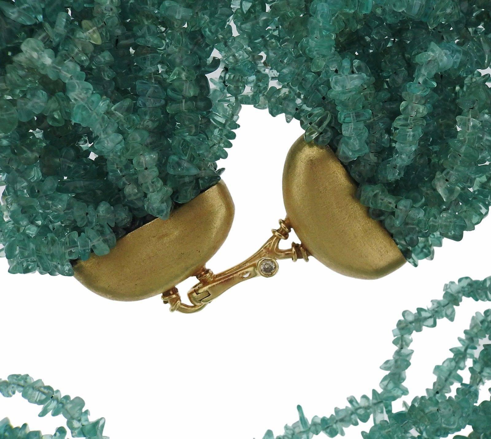 Angela Pintaldi Gold Diamond Green Gemstone Multi Strand Necklace In Excellent Condition In Lambertville, NJ