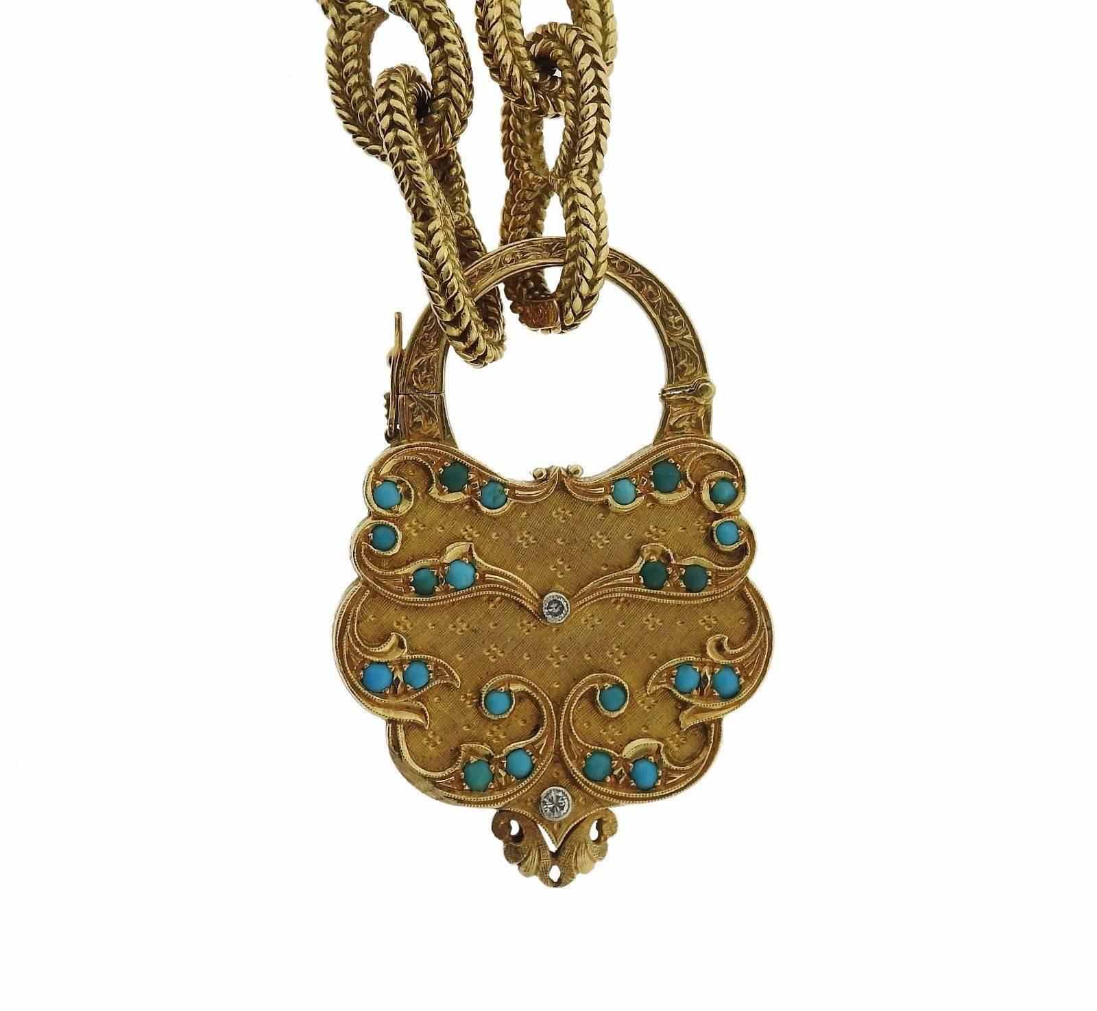 Women's Continental Gold Diamond Turquoise Padlock Charm Bracelet