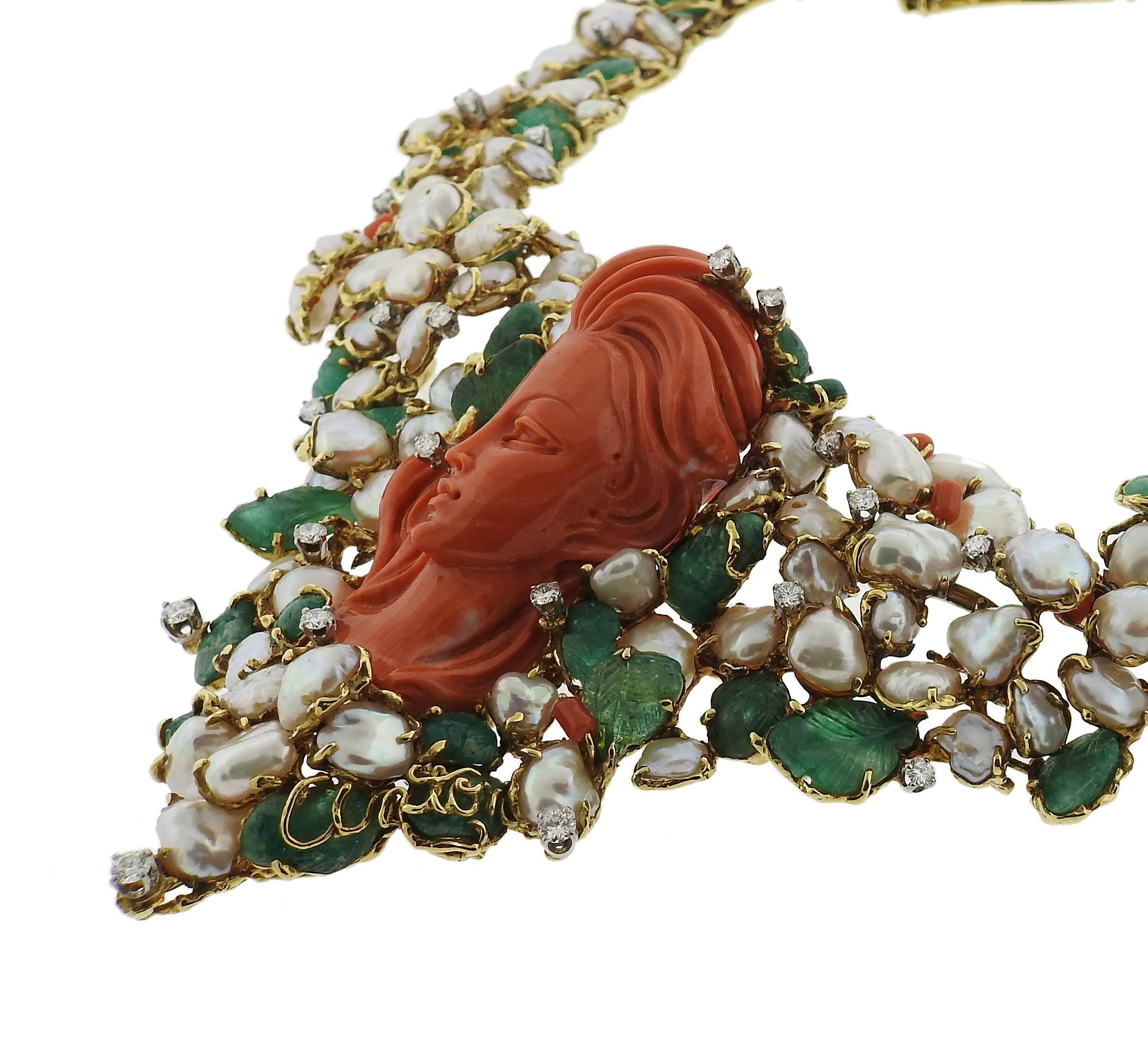 1970s Barbara Anton Carved Emerald Coral Diamond Pearl Gold Necklace In Excellent Condition In Lambertville, NJ