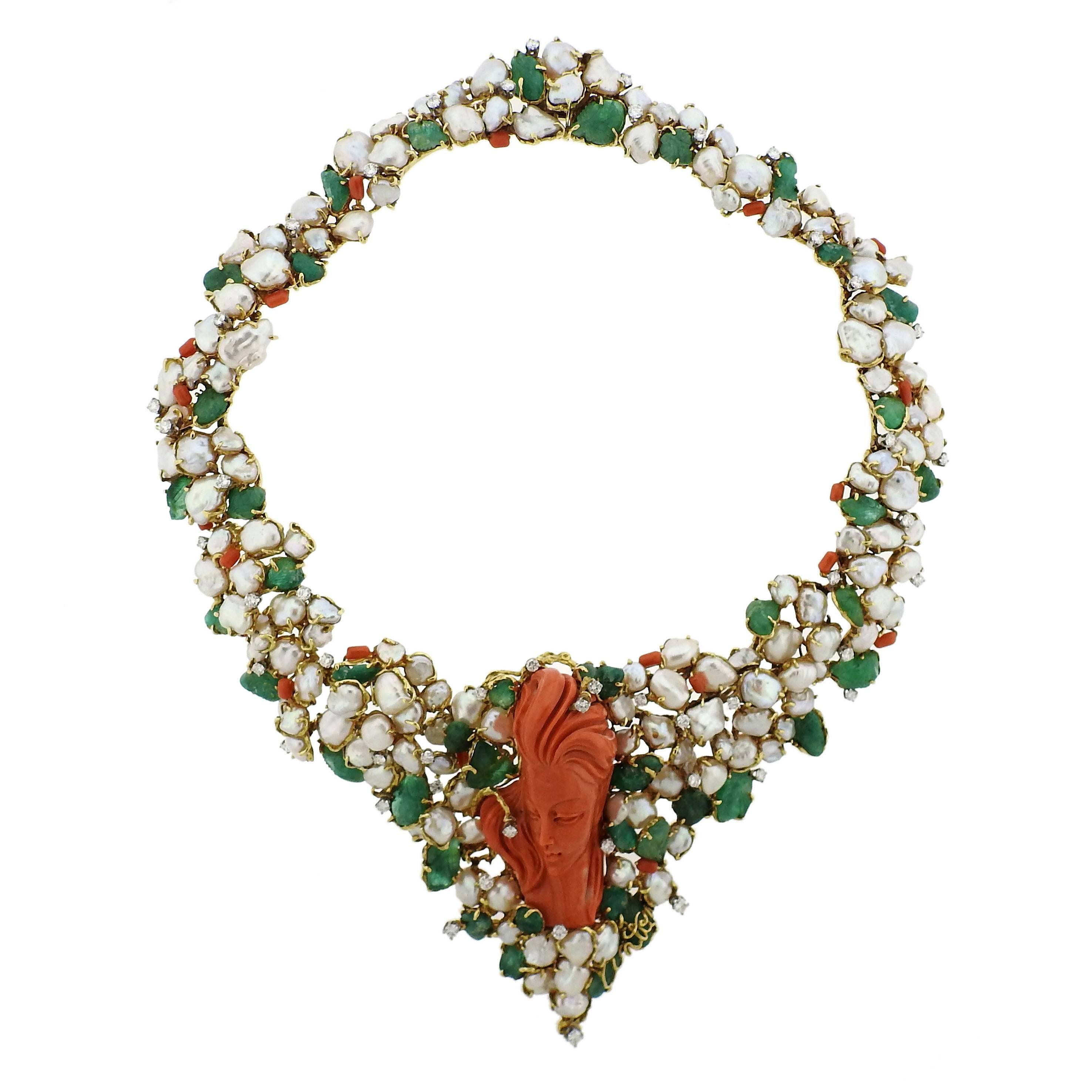 1970s Barbara Anton Carved Emerald Coral Diamond Pearl Gold Necklace