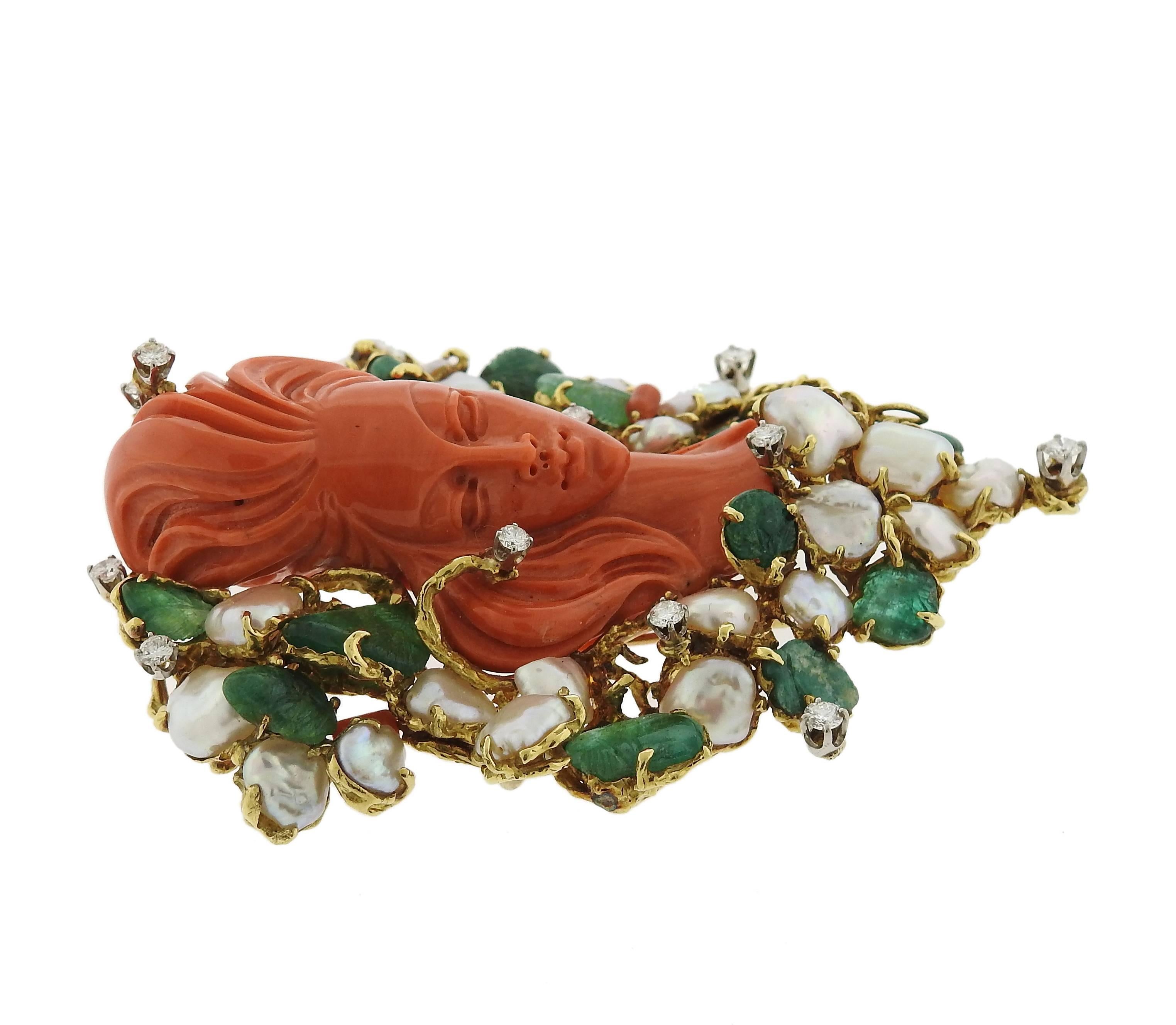 1970s Barbara Anton Carved Emerald Coral Diamond Pearl Gold Necklace 1