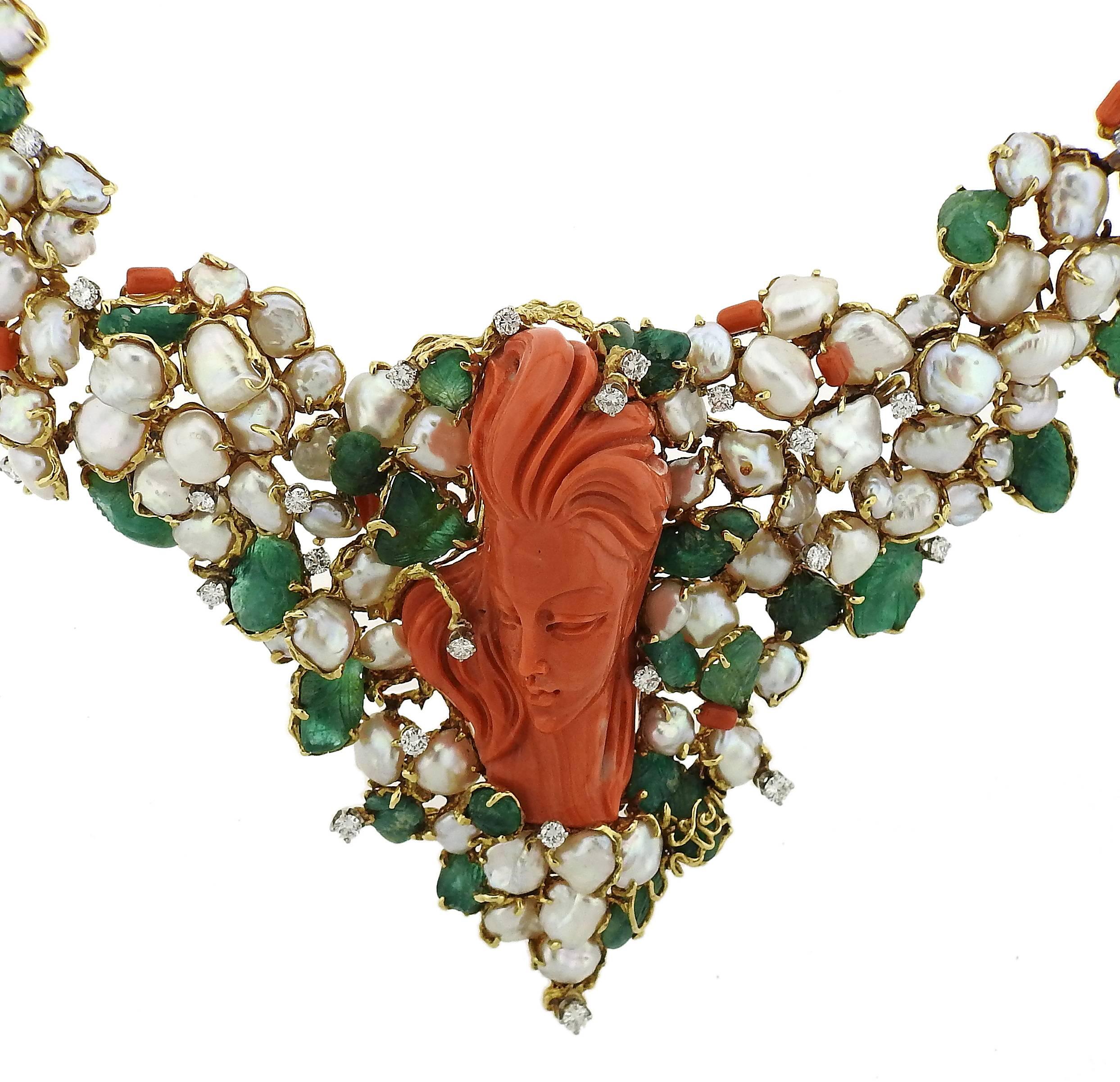 Women's 1970s Barbara Anton Carved Emerald Coral Diamond Pearl Gold Necklace