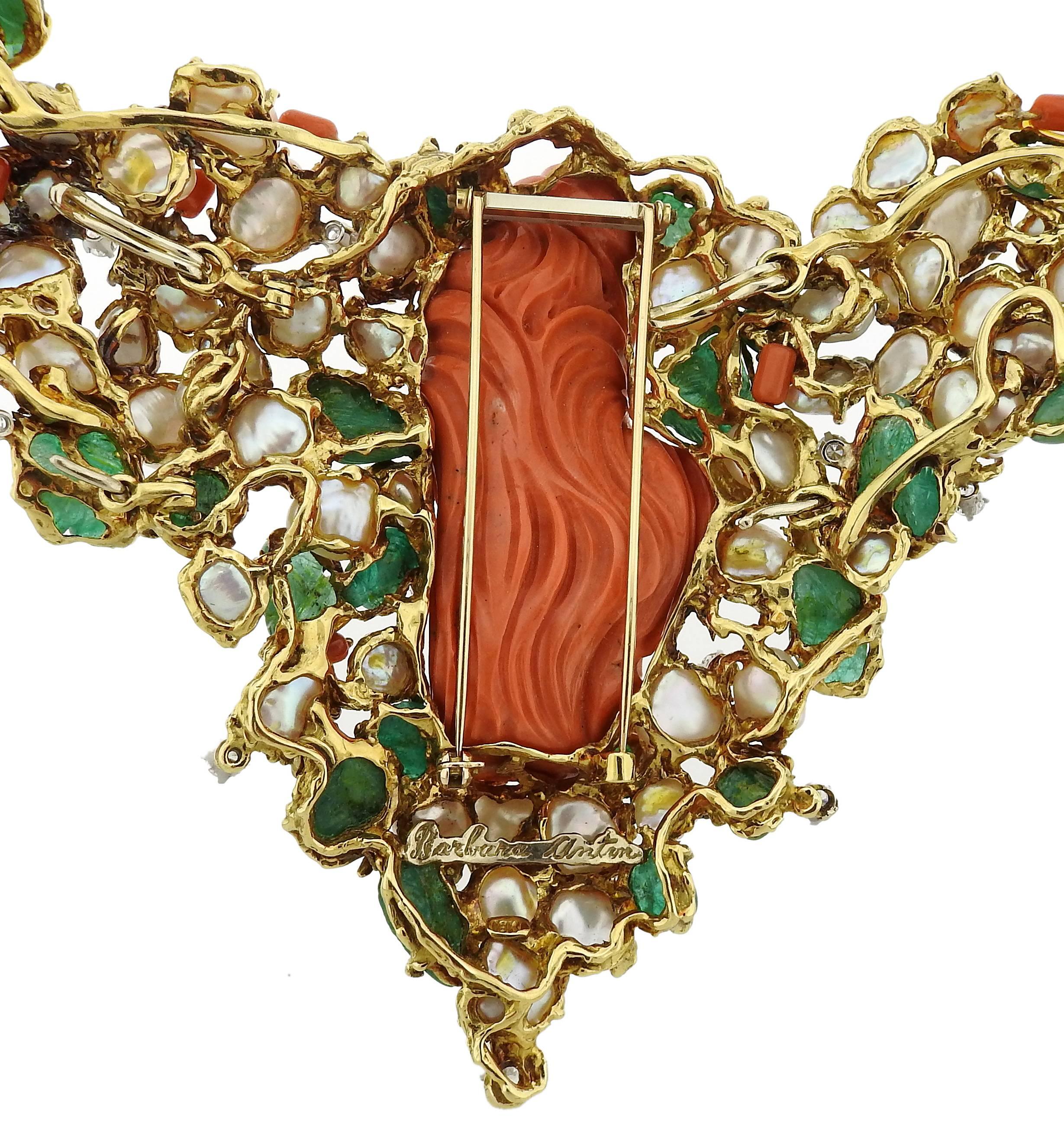 1970s Barbara Anton Carved Emerald Coral Diamond Pearl Gold Necklace 2