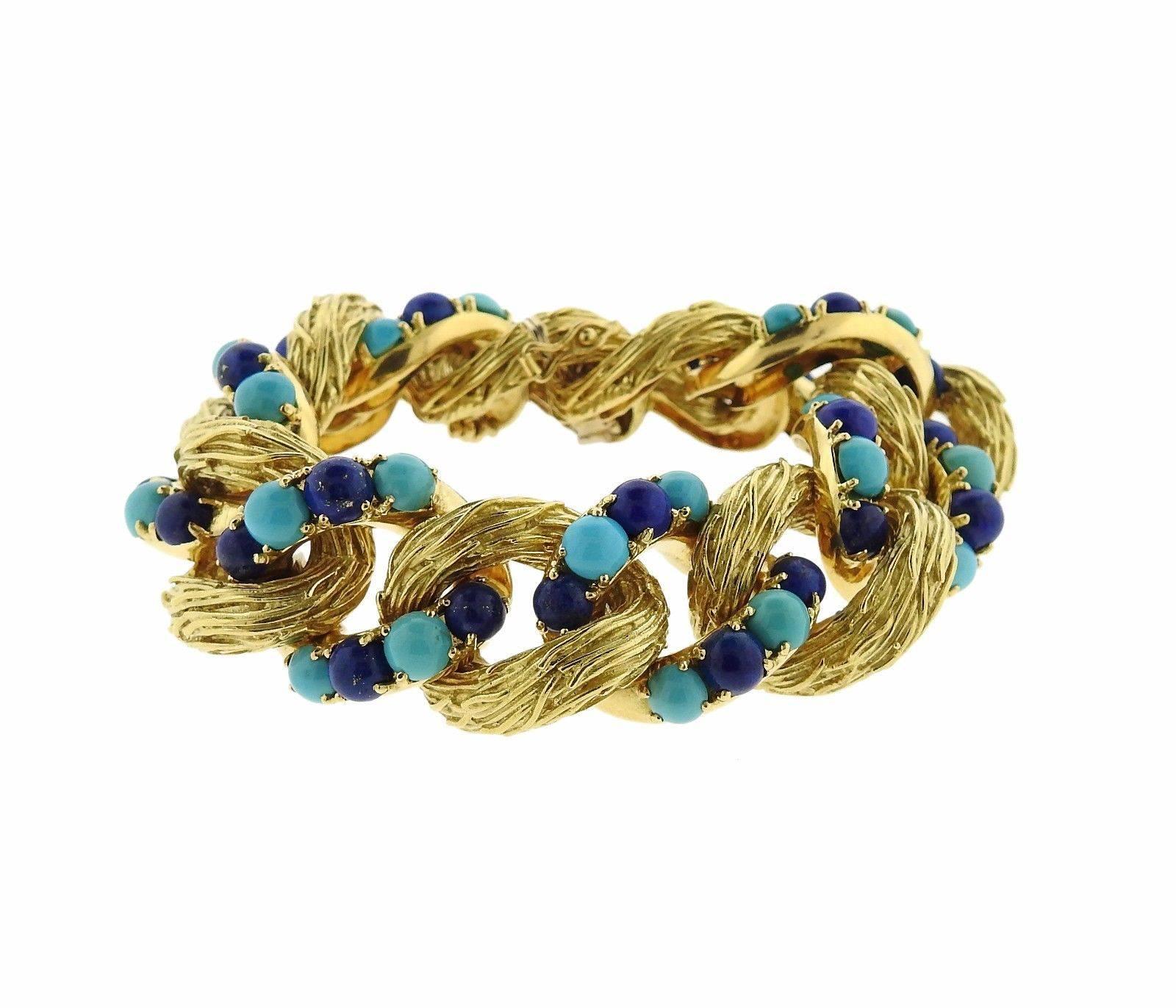 Women's 1960s Pomellato Gold Turquoise Lapis Bracelet Earrings Suite
