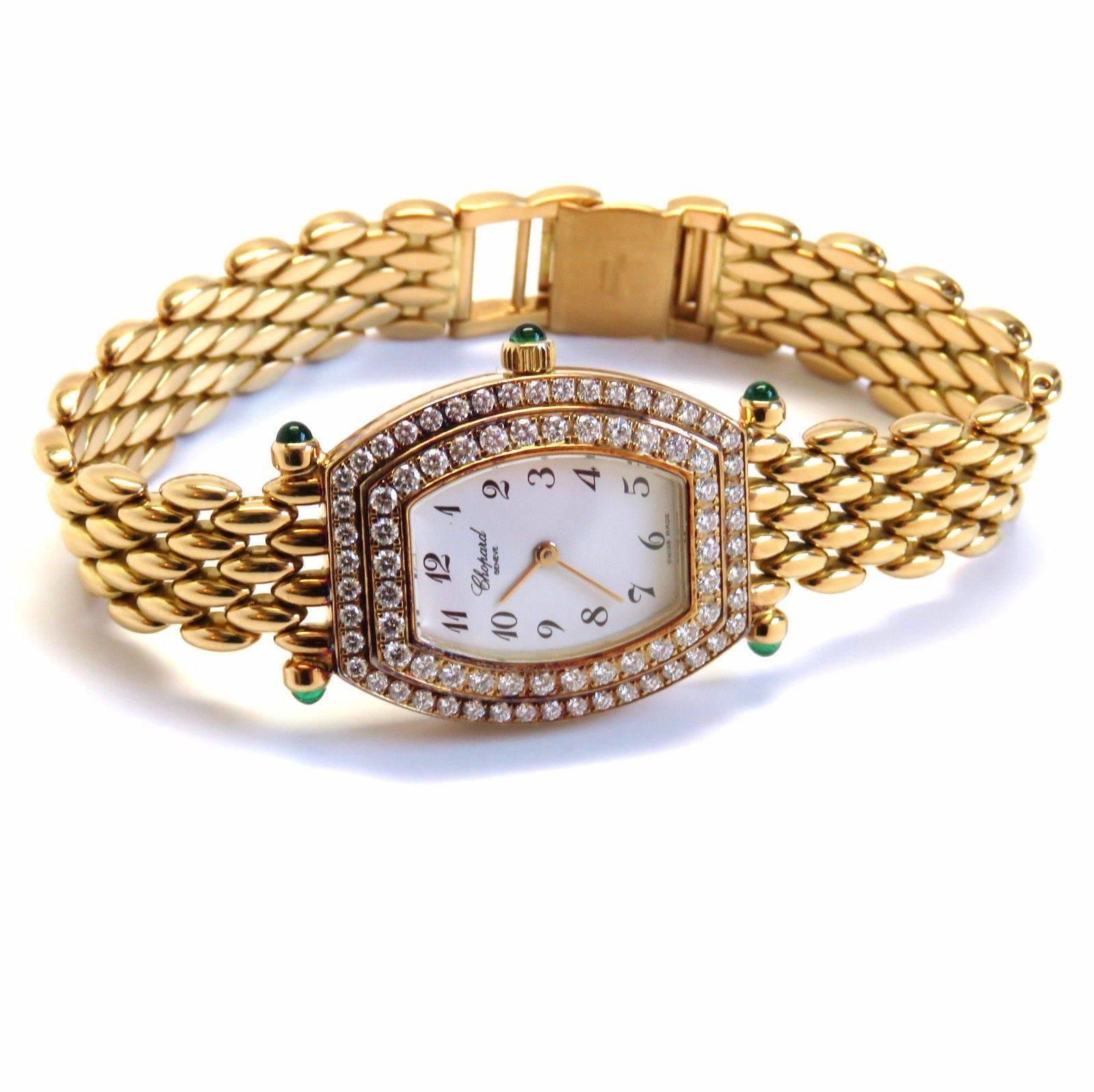 MATERIAL: 18k Gold
CASE SIZE: 34mm x 23mm (excluding crown) Set with approx. 1.10ctw of G/VS diamonds. Emerald Cabochons.
MOVEMENT: Quartz
BRACELET: 18k Gold, 6.75