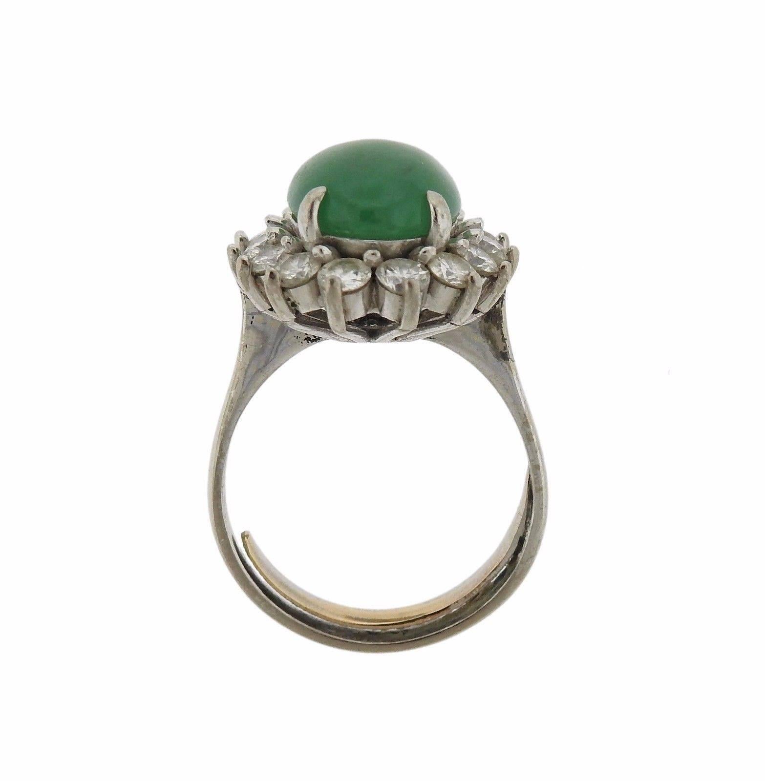 Certified Natural Color Jadeite Jade Gold Diamond Ring In Excellent Condition In Lambertville, NJ