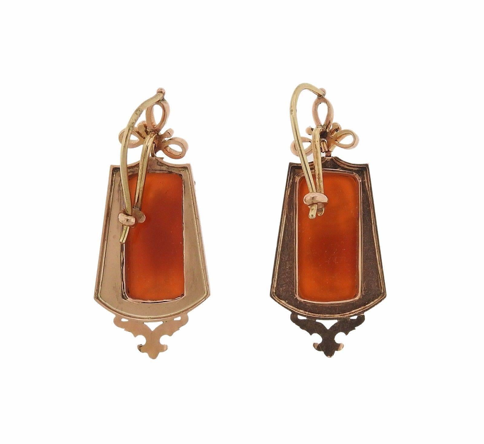Antique Hardstone Cameo Rose Gold Earrings In Excellent Condition In Lambertville, NJ
