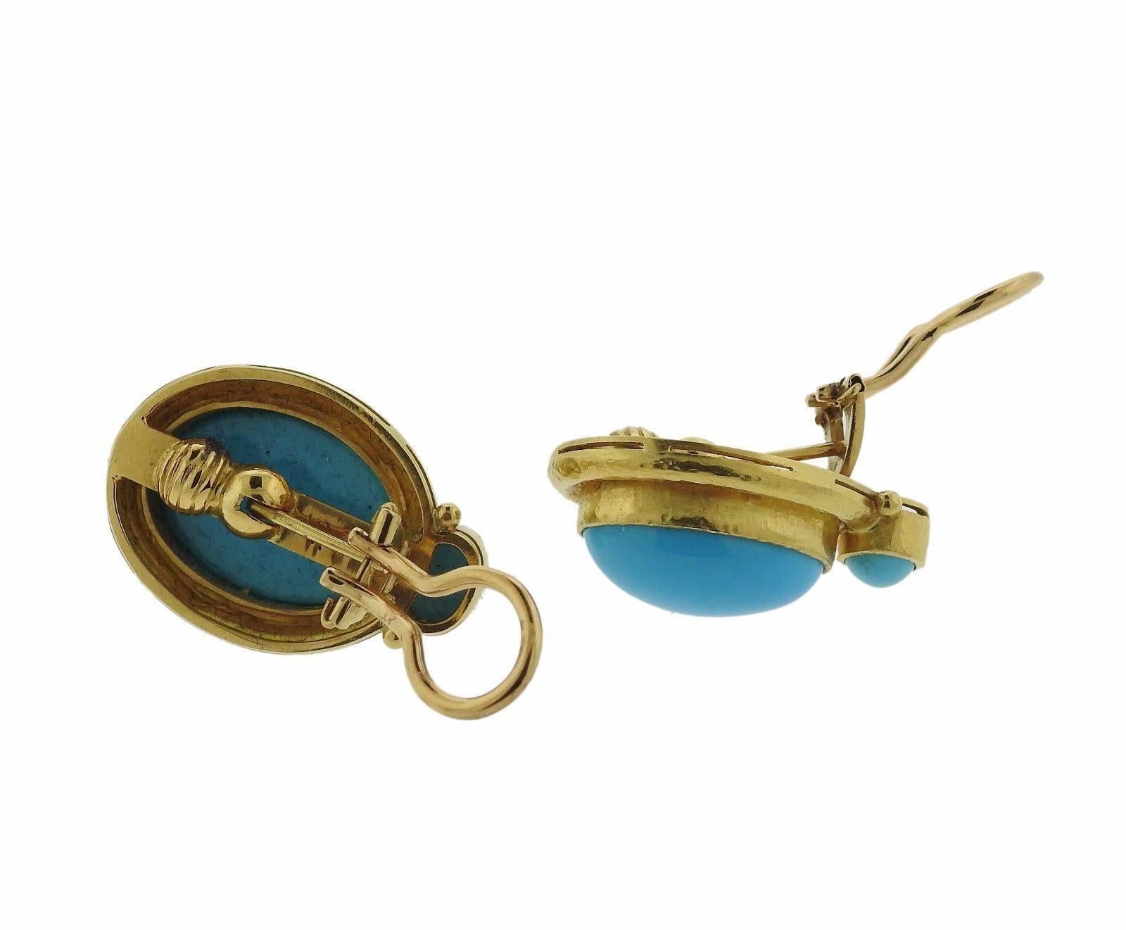 A pair of 18k yellow gold earring set with turquoise.  The earrings measure 28mm x 19mm and weigh 20.7 grams.  Marked: 18k, Elizabeth Locke Hallmark.