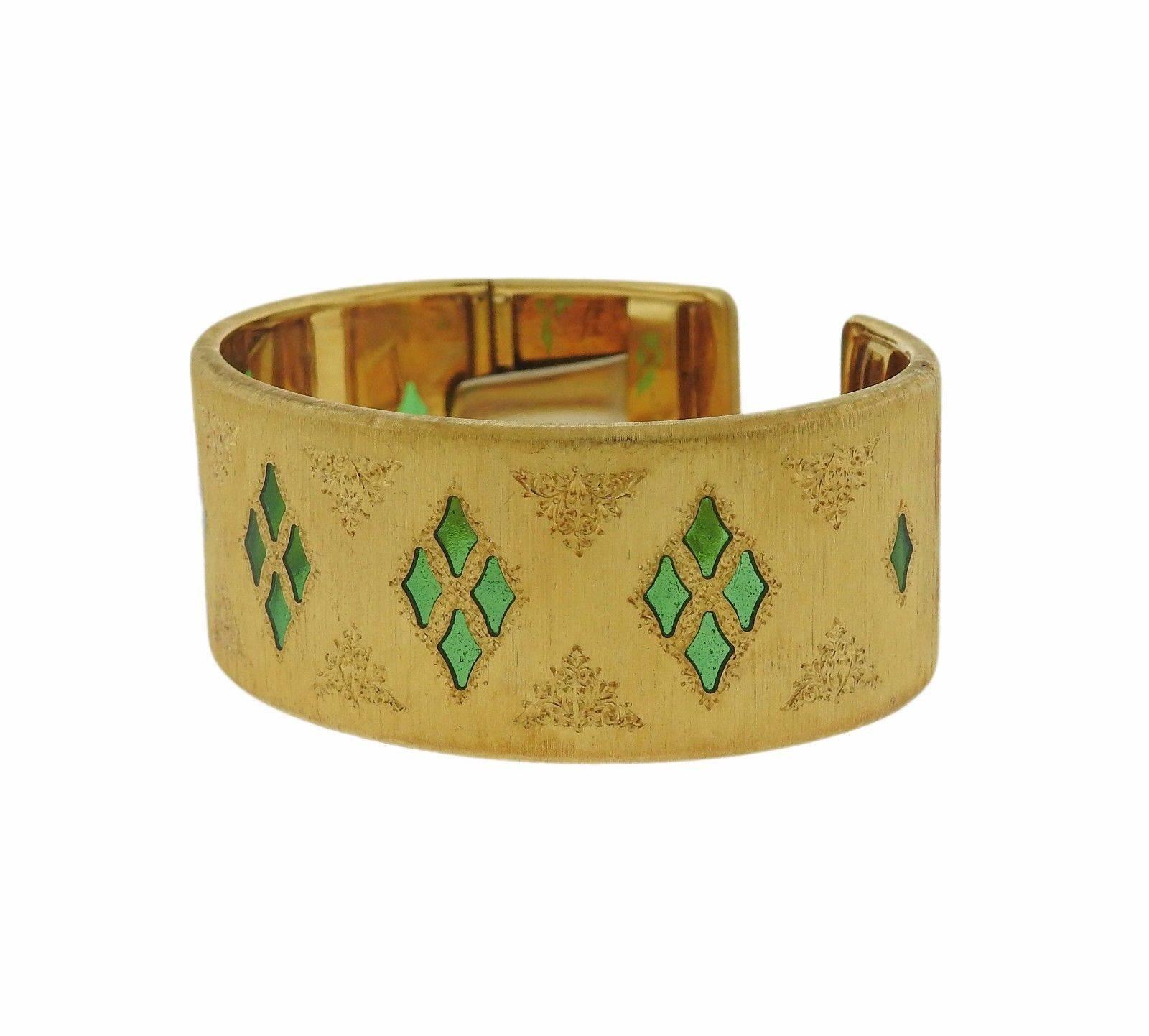 Mario Buccellati Plique-a-Jour Enamel Gold Cuff Bracelet For Sale 1