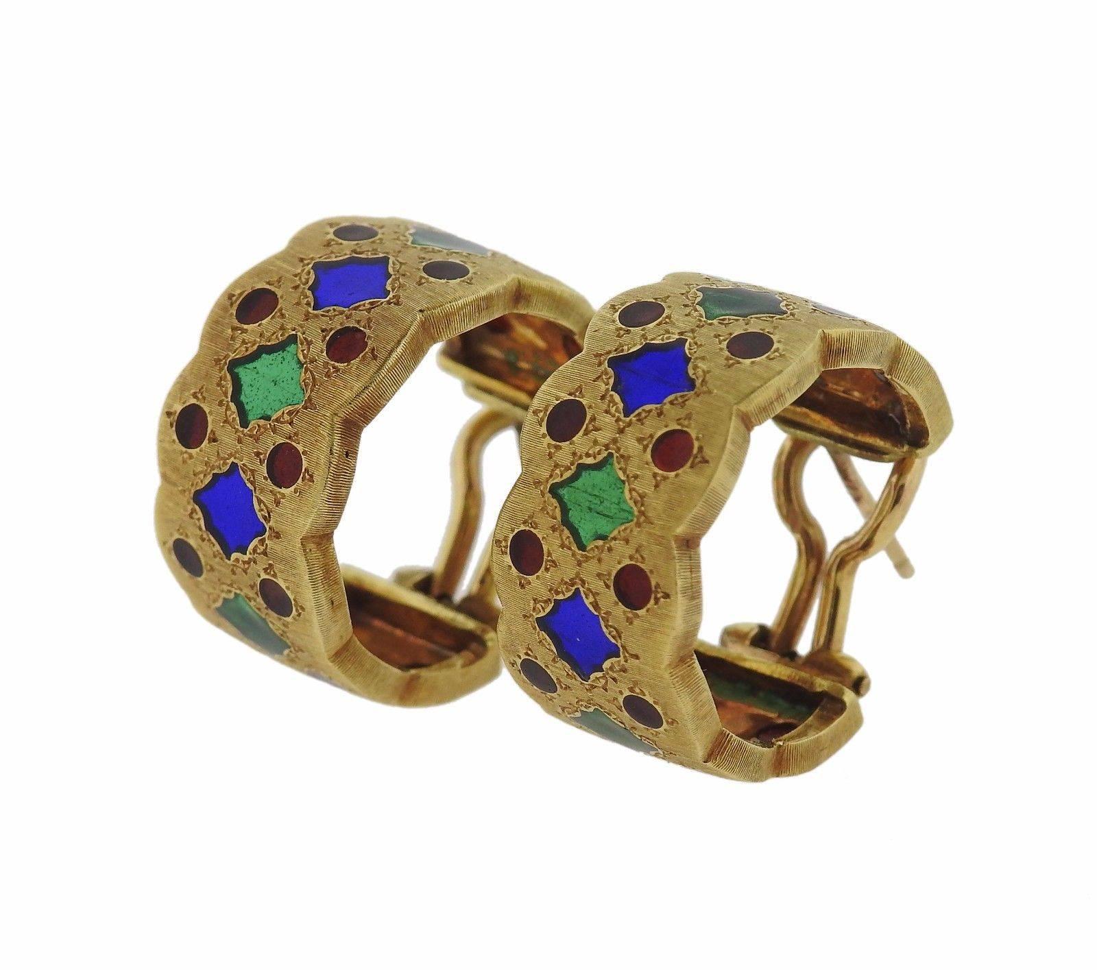 A pair of 18k yellow gold earrings adorned with plique-a-jour enamel.  The earrings are 21mm in diameter and 11mm wide.  The earrings weigh 16.3 grams.  Marked: Buccellati, Italy, k18.