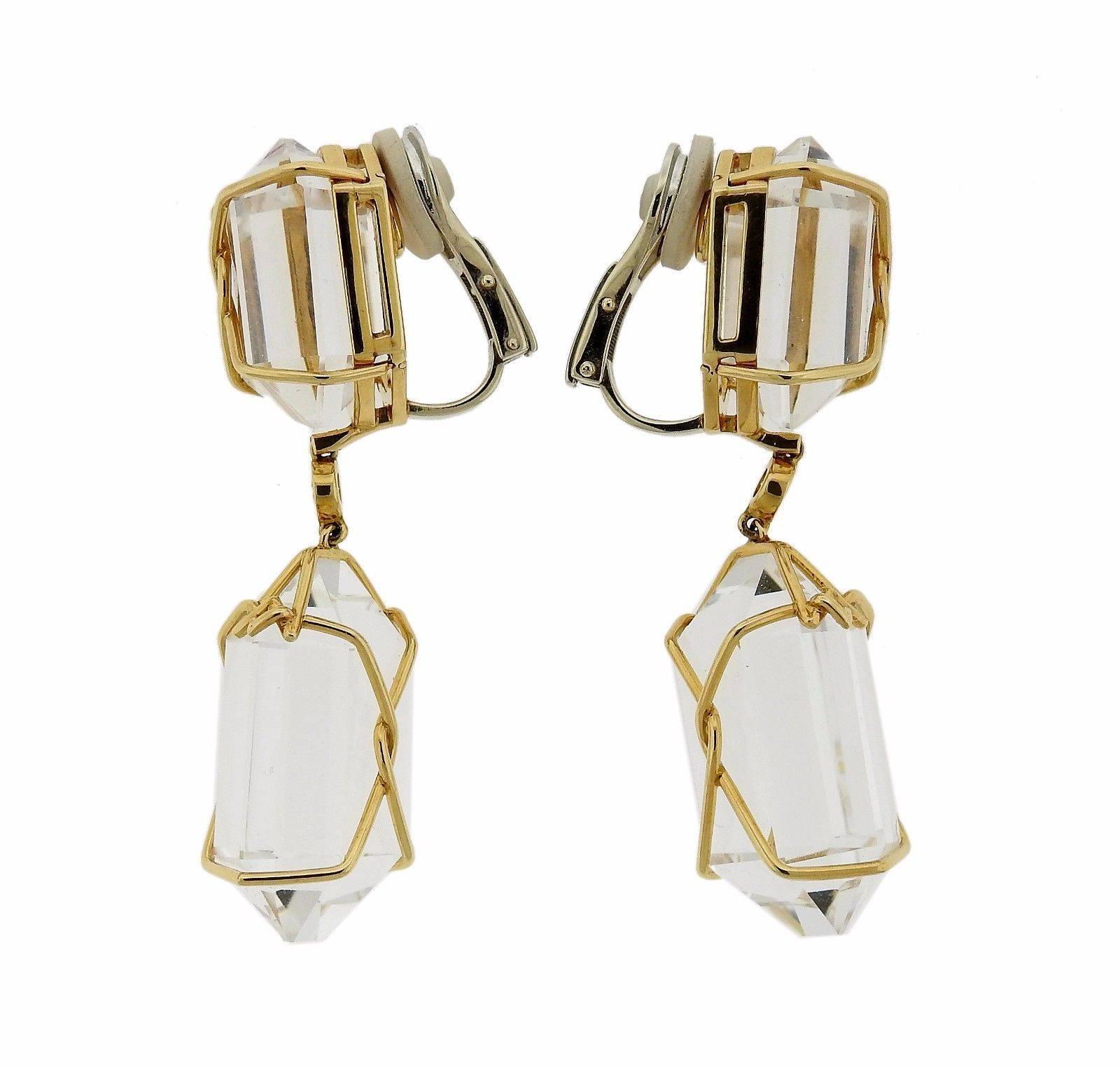 Women's Verdura Herkimer Rock Crystal Diamond Gold Drop Earrings