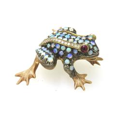 Whimsical Opal Ruby Diamond Gold Brooch Pin