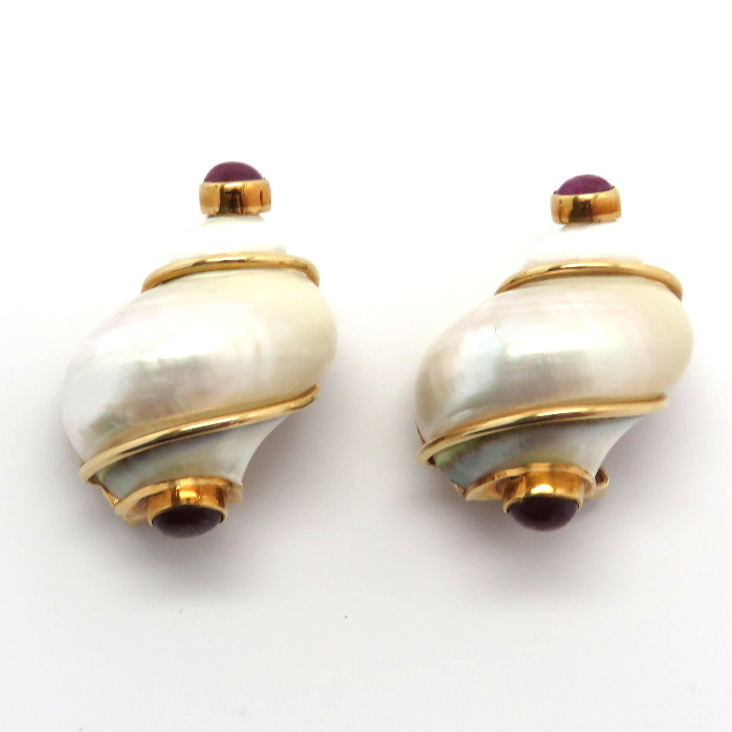 Women's Large Seaman Schepps Turbo Shell Ruby Gold Earrings