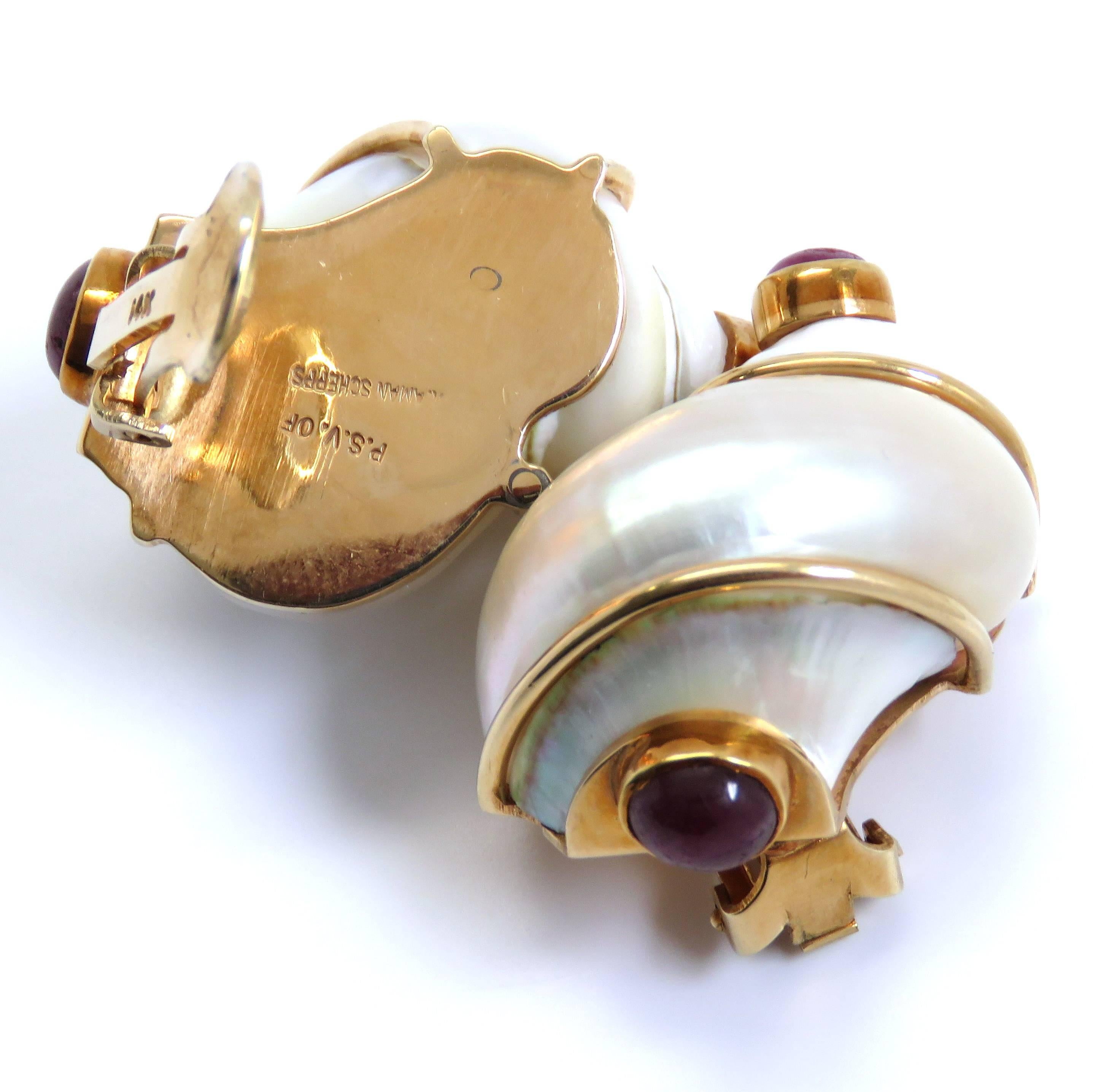 Large Seaman Schepps Turbo Shell Ruby Gold Earrings 1