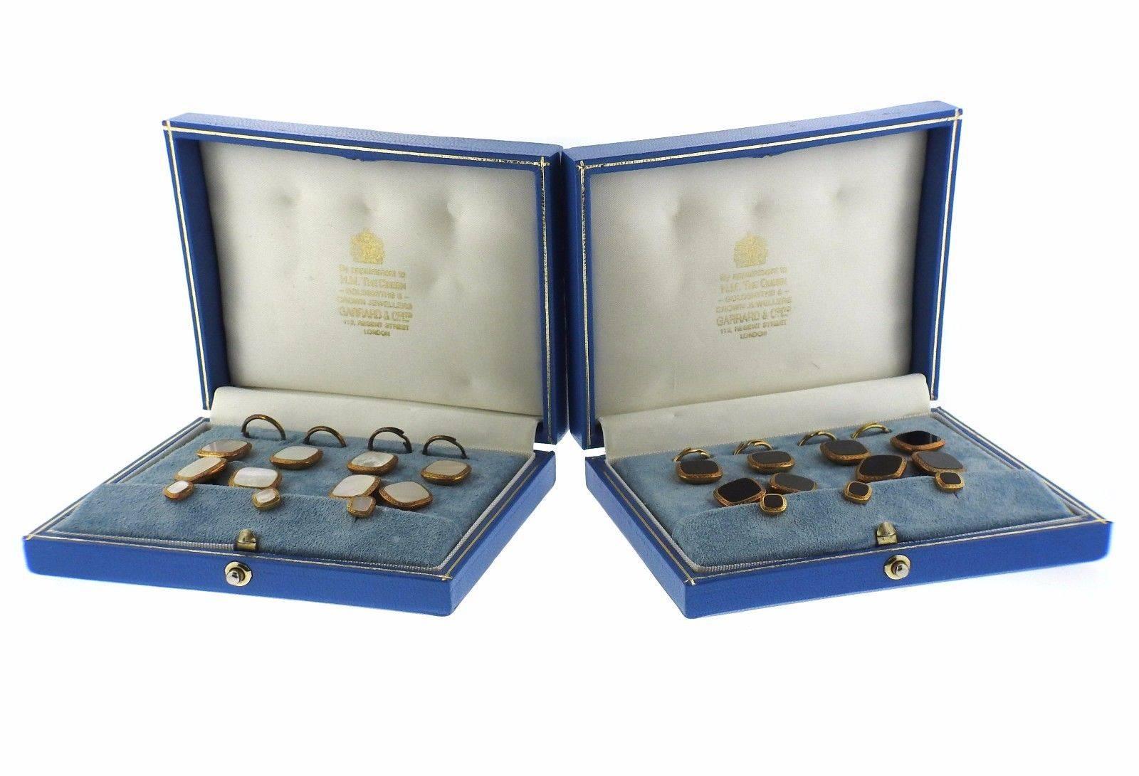 Women's or Men's Garrard Two Sets Mother-of-Pearl and Onyx Gold Cufflink Button Stud Set For Sale