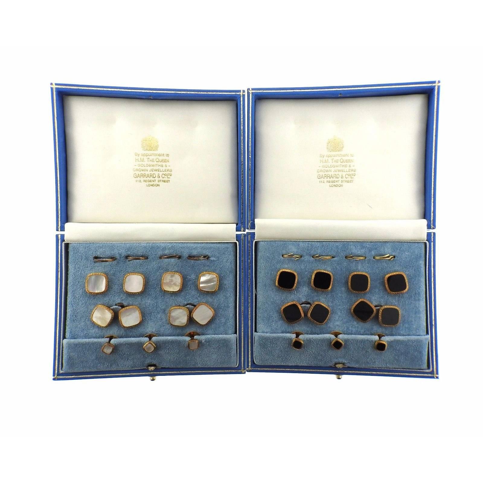 Garrard Two Sets Mother-of-Pearl and Onyx Gold Cufflink Button Stud Set For Sale 3