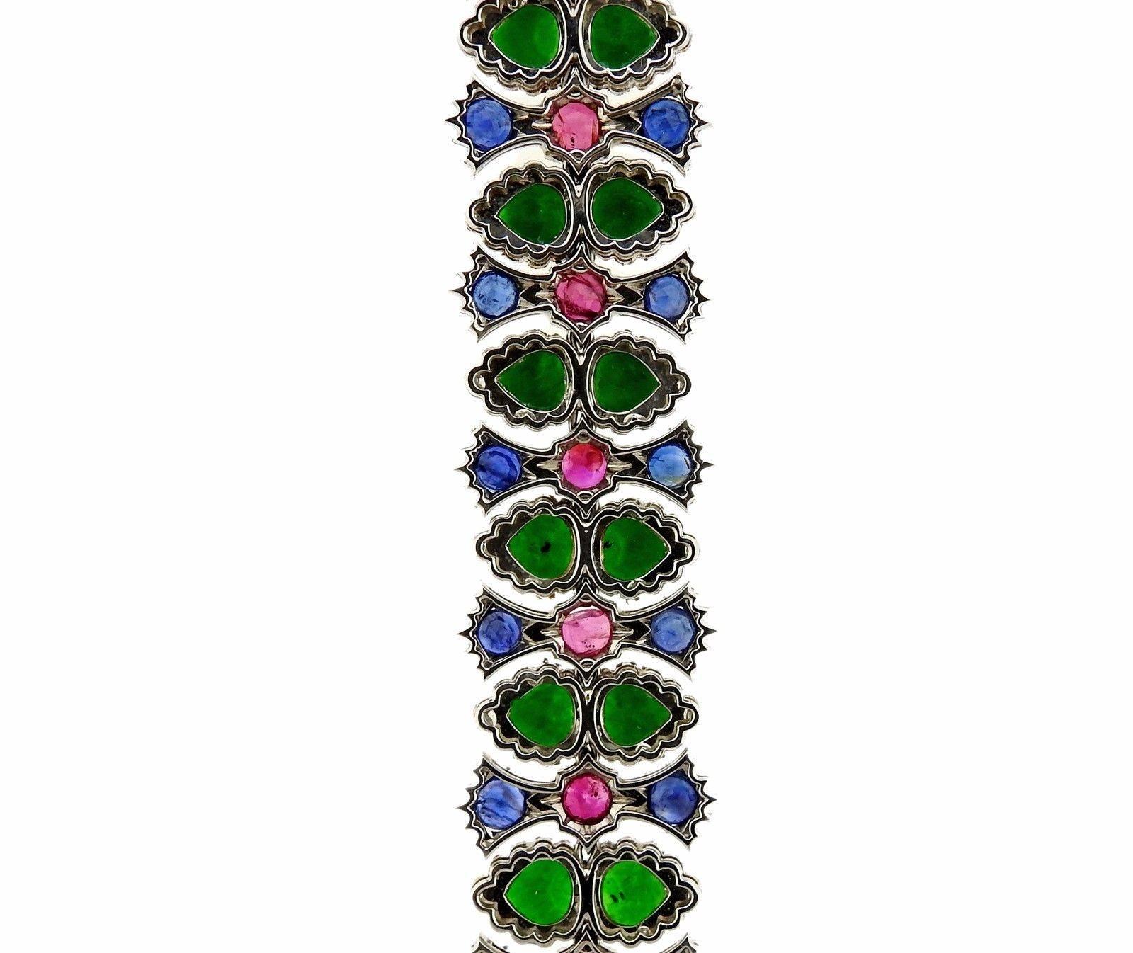 Women's Buccellati Important Carved Jade Ruby Sapphire Gold Bracelet For Sale