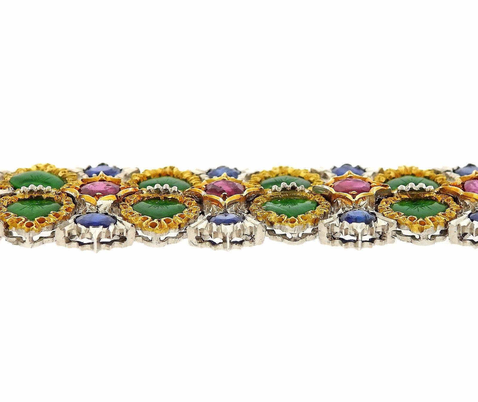 Buccellati Important Carved Jade Ruby Sapphire Gold Bracelet In Excellent Condition For Sale In Lambertville, NJ