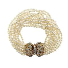 1960s Chic Pearl Diamond Gold Multi Strand Bracelet 11