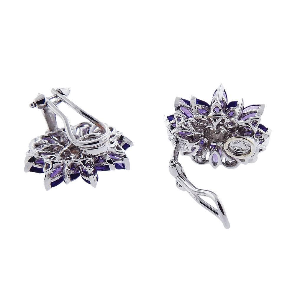 Asprey Amethyst Diamond Gold Daisy Flower Earrings In Excellent Condition In Lambertville, NJ