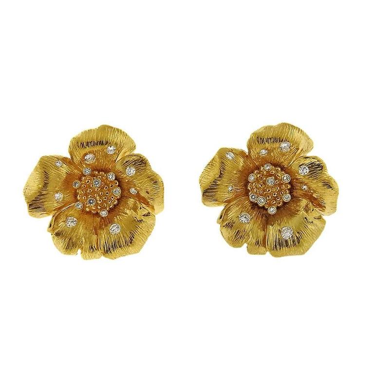 Asprey Diamond Gold English Rose Flower Earrings At 1stdibs Asprey Diamond Gold English Rose Flower Earrings For